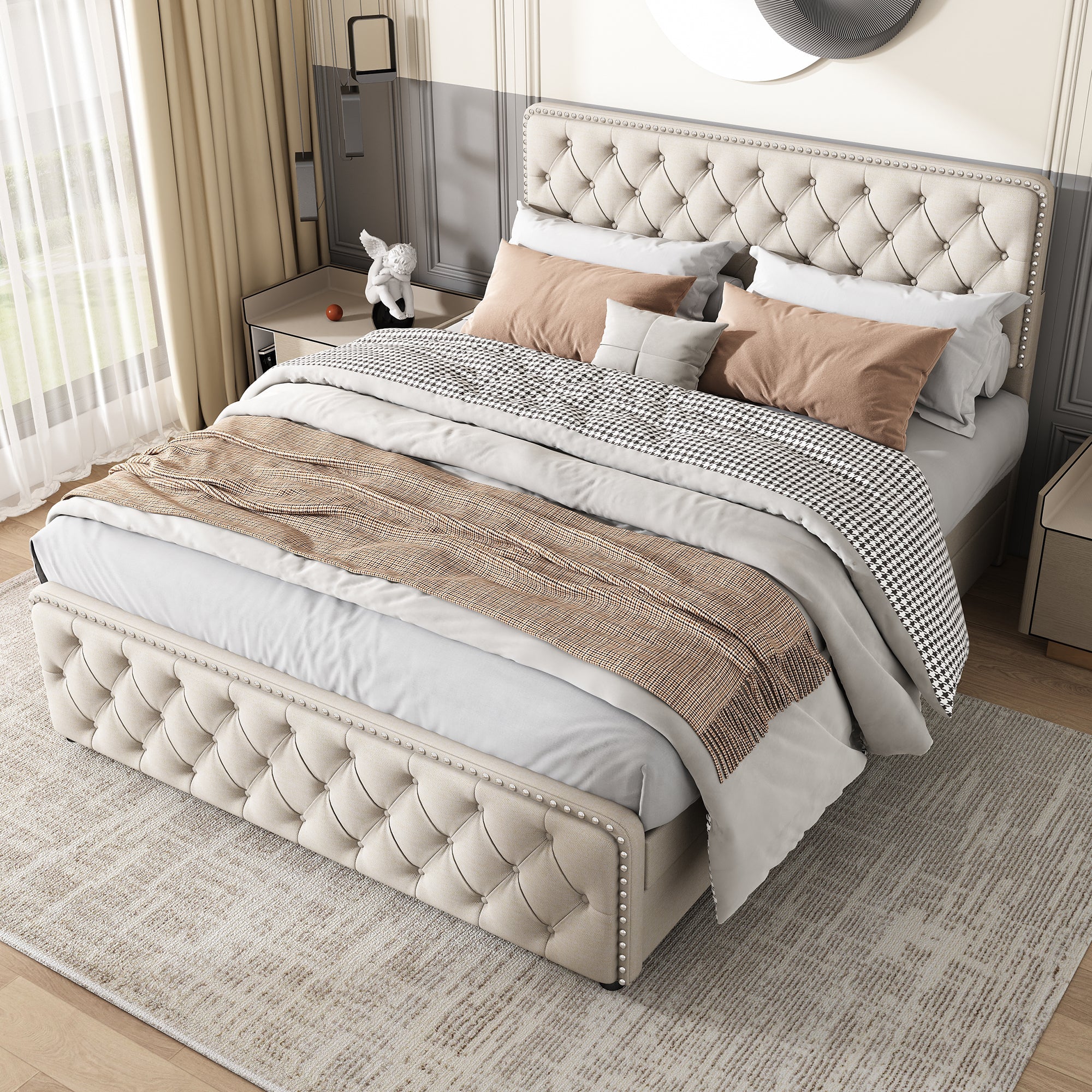 Upholstered Double Bed with Four Drawers and Height-Adjustable Headboard, 180x200cm, Beige Linen