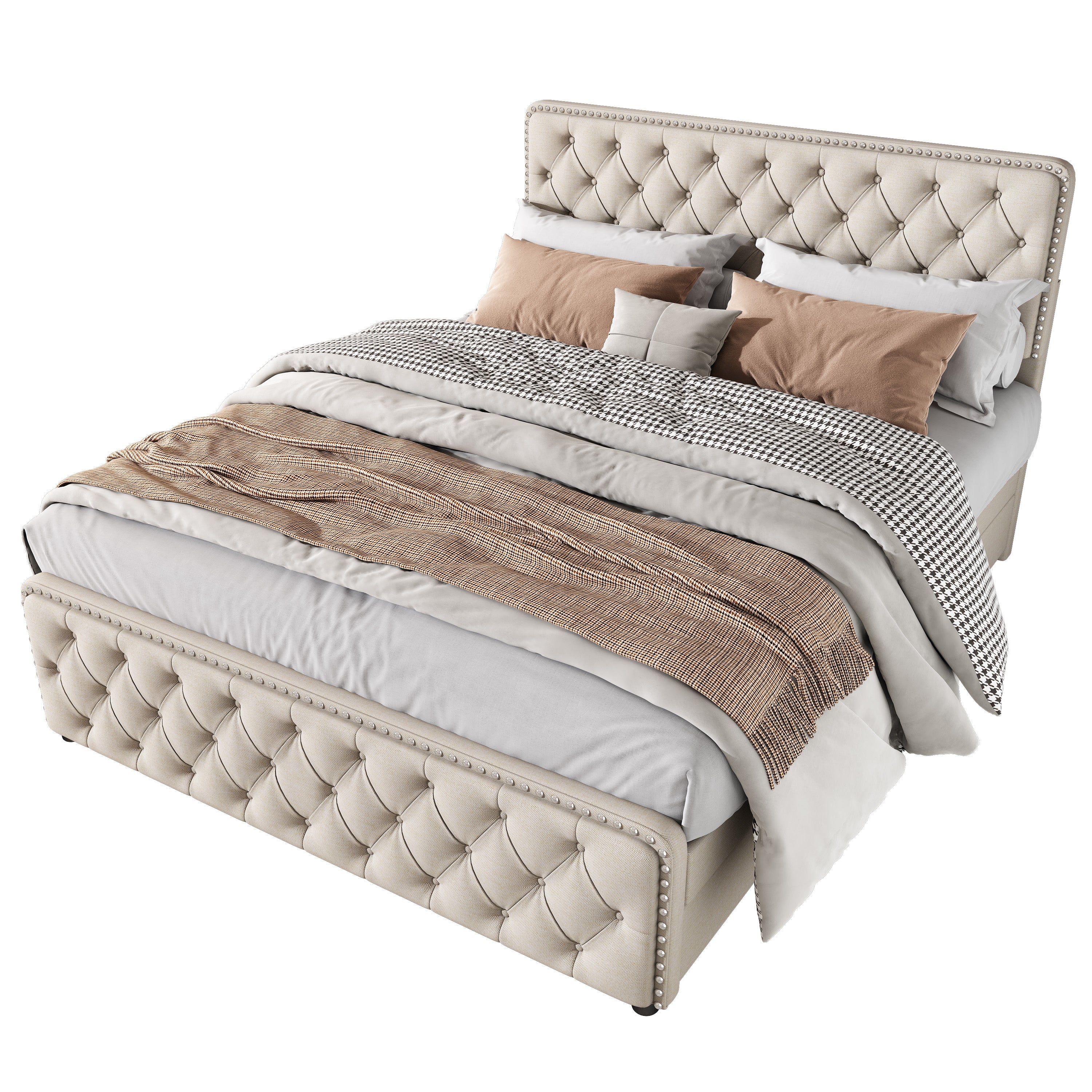 Upholstered Double Bed with Four Drawers and Height-Adjustable Headboard, 180x200cm, Beige Linen