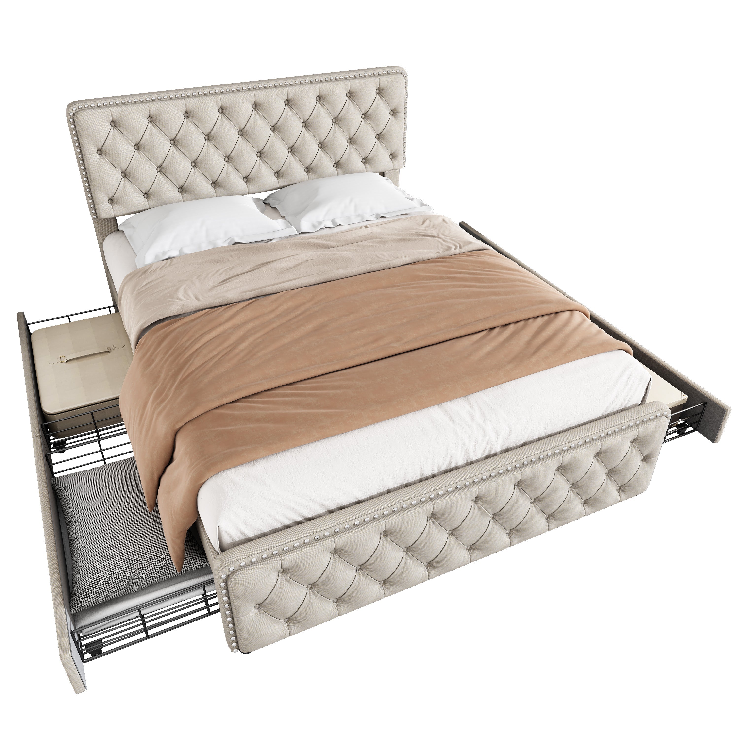 Upholstered Bed with Four Drawers and Adjustable Headboard, 140x200cm, Beige Linen
