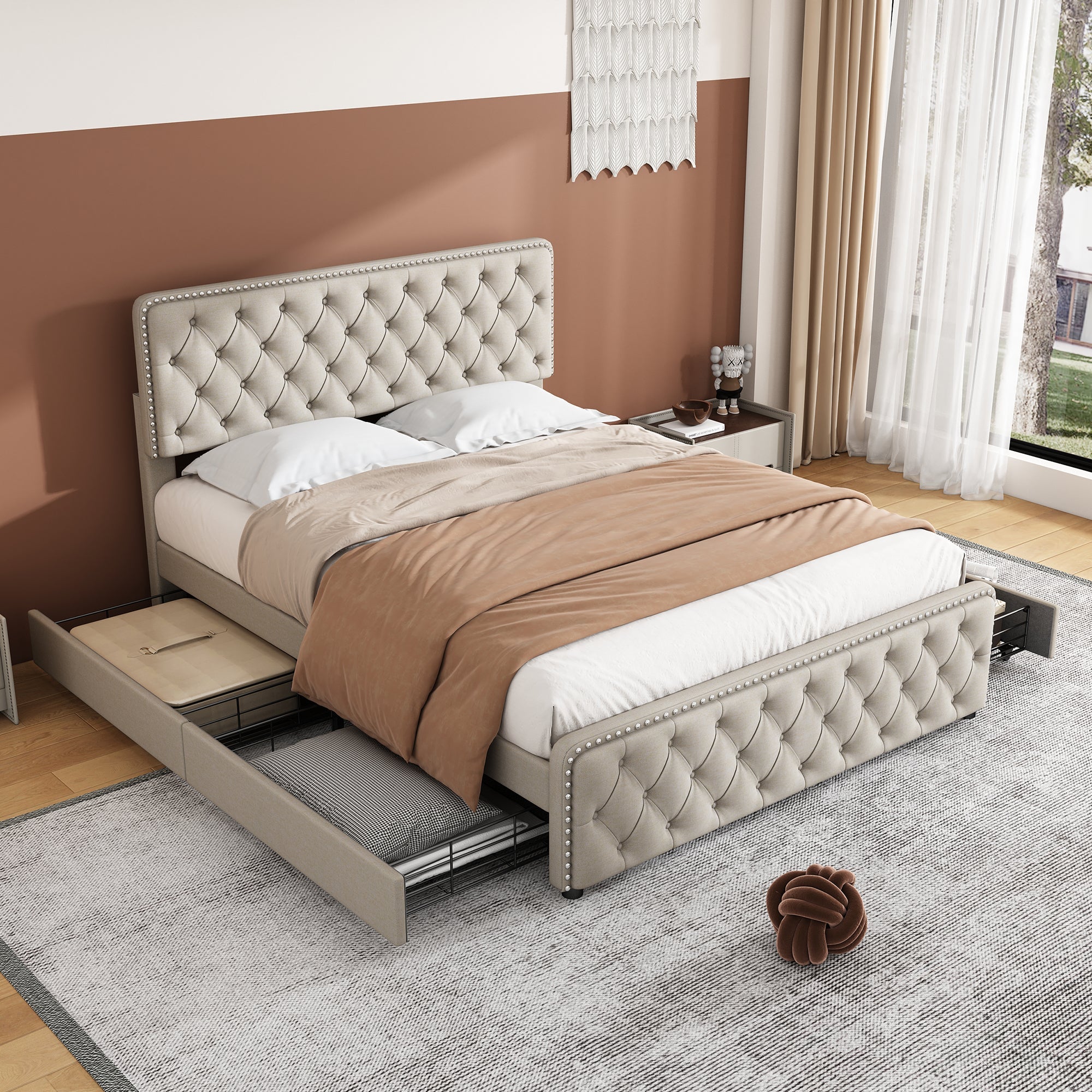 Upholstered Bed with Four Drawers and Adjustable Headboard, 140x200cm, Beige Linen