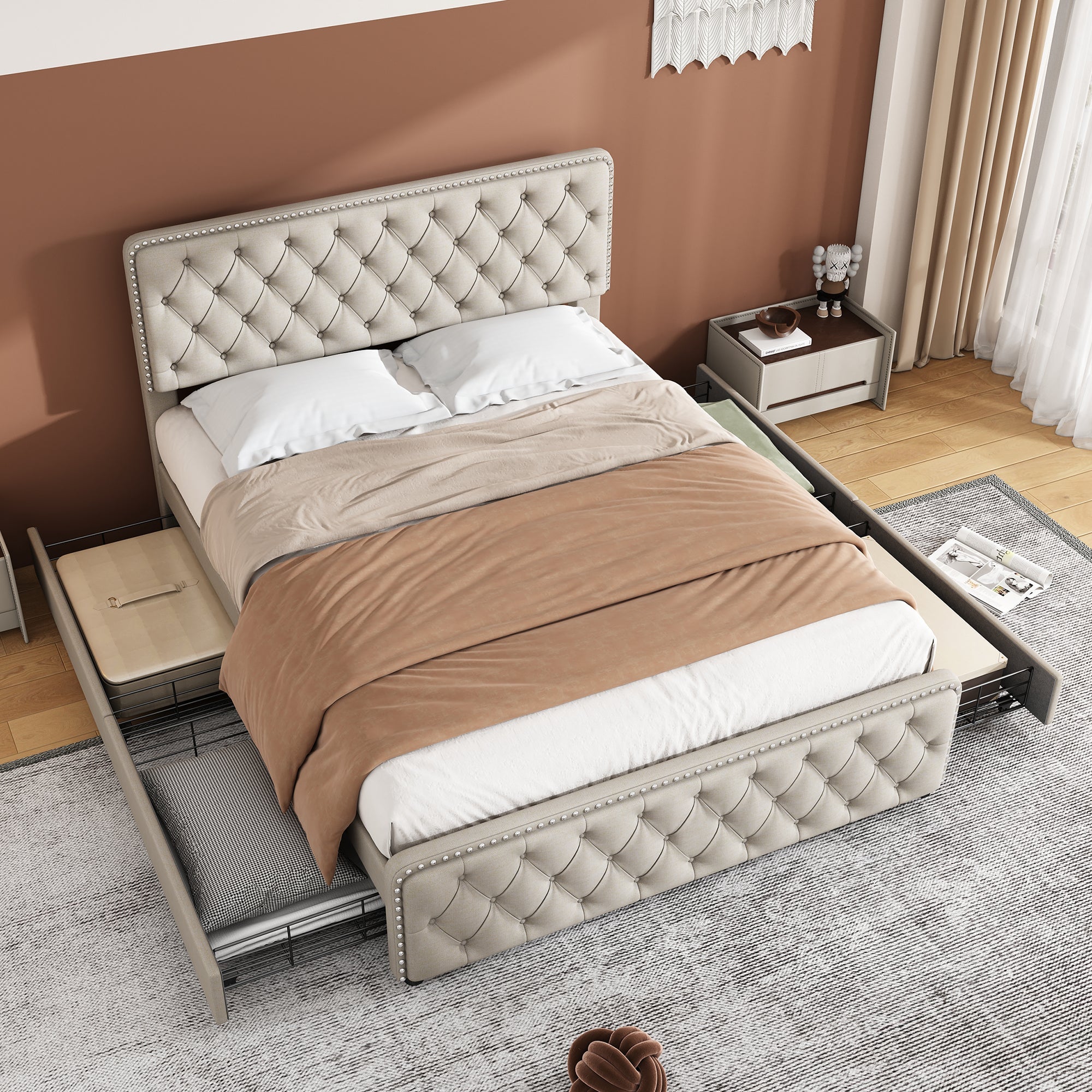 Upholstered Double Bed with Four Drawers and Height-Adjustable Headboard, 180x200cm, Beige Linen
