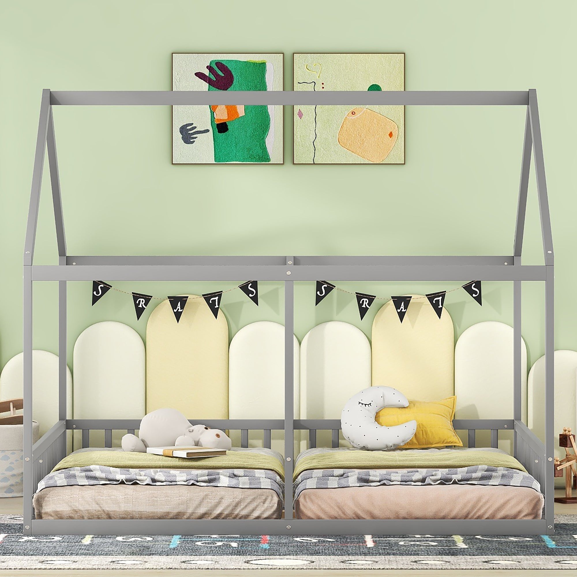House Bed 90x200cm 2-in-1 Single Bed Grey