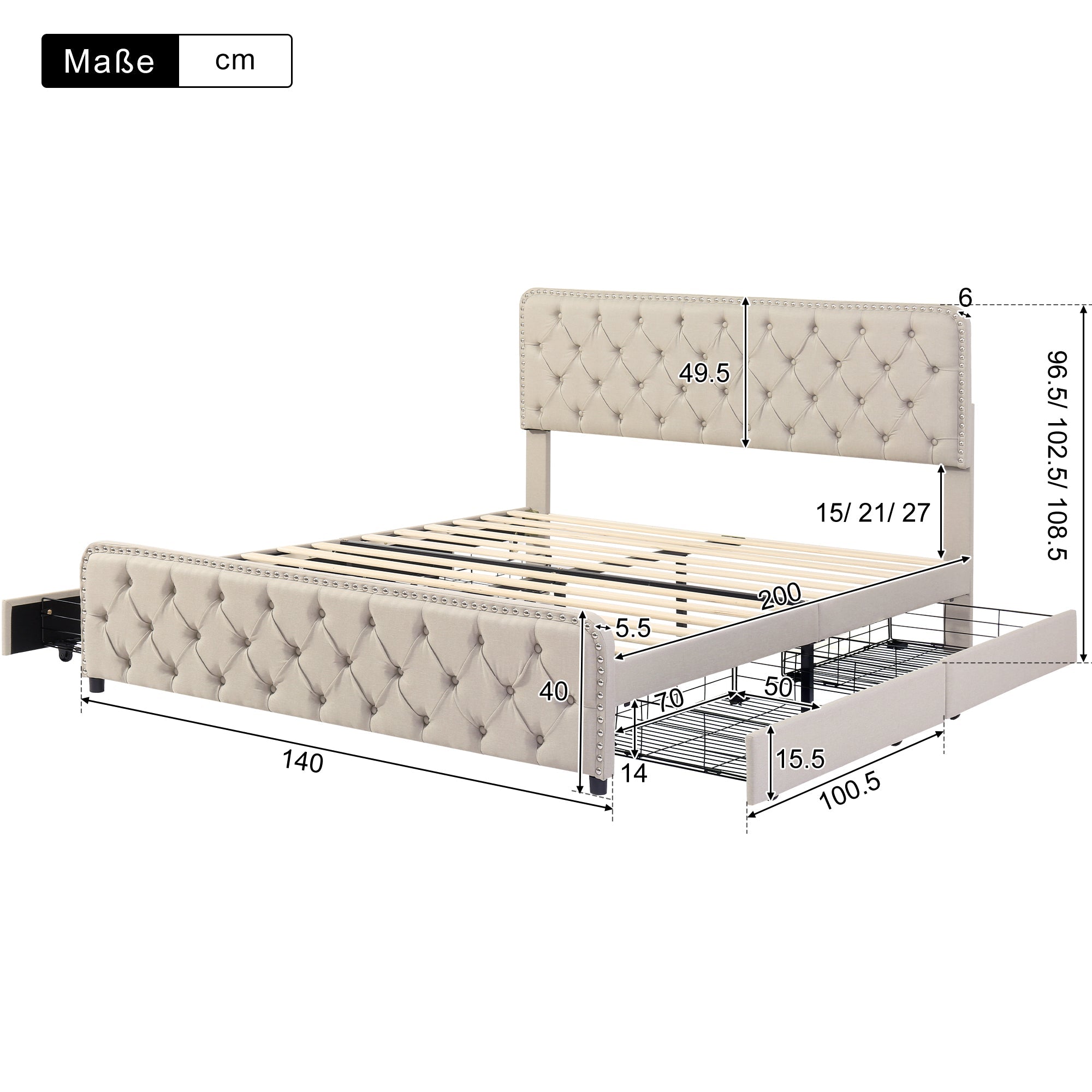 Upholstered Bed with Four Drawers and Adjustable Headboard, 140x200cm, Beige Linen