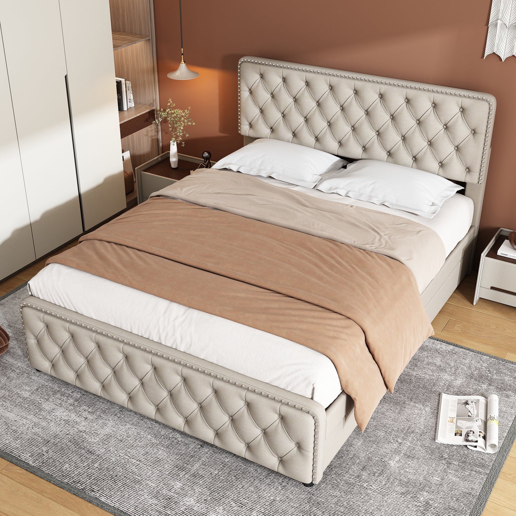 Upholstered Bed with Four Drawers and Adjustable Headboard, 140x200cm, Beige Linen