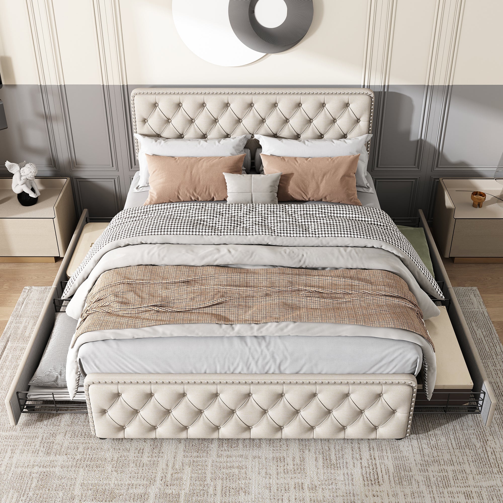 Upholstered Bed with Four Drawers and Adjustable Headboard, 140x200cm, Beige Linen