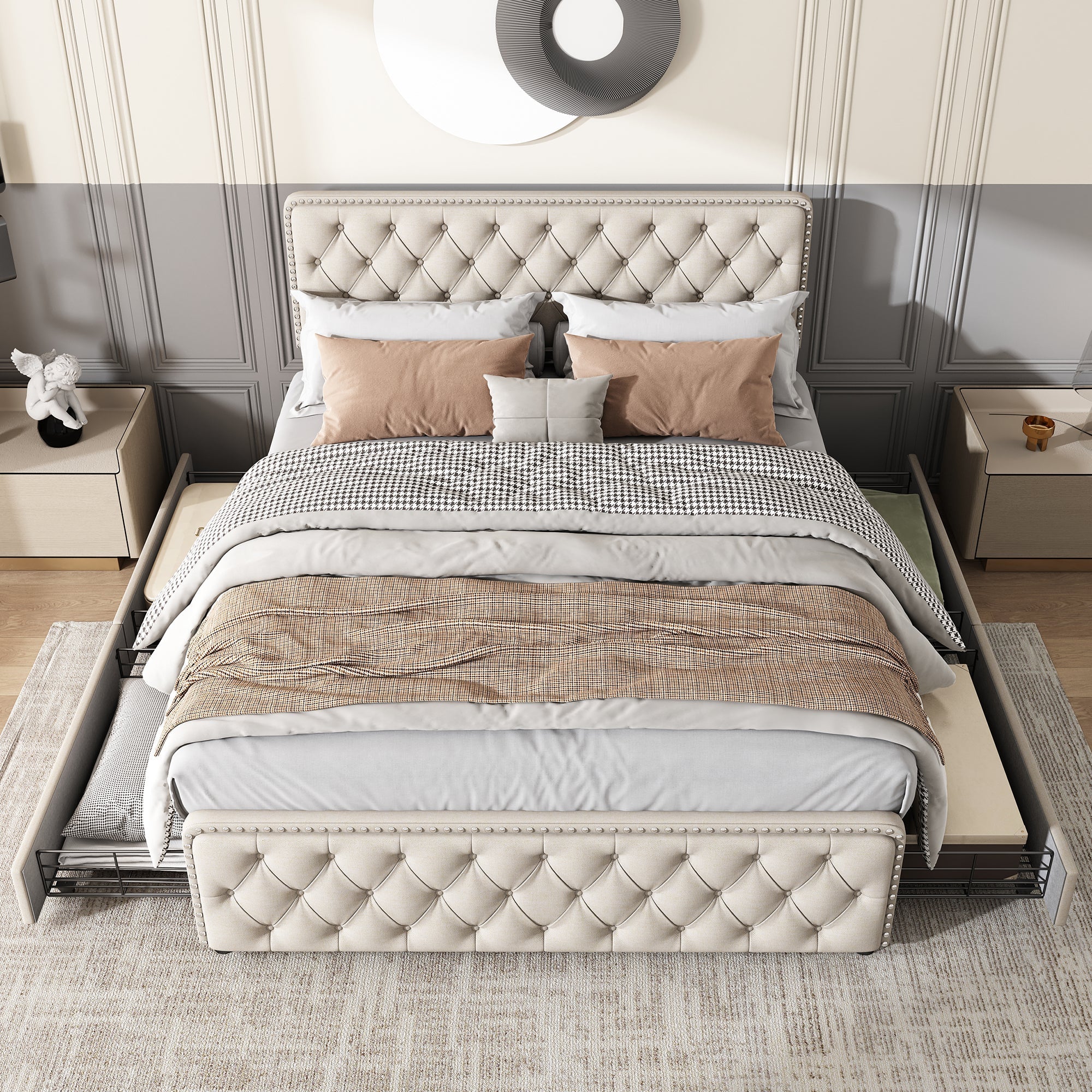 Upholstered Double Bed with Four Drawers and Height-Adjustable Headboard, 180x200cm, Beige Linen