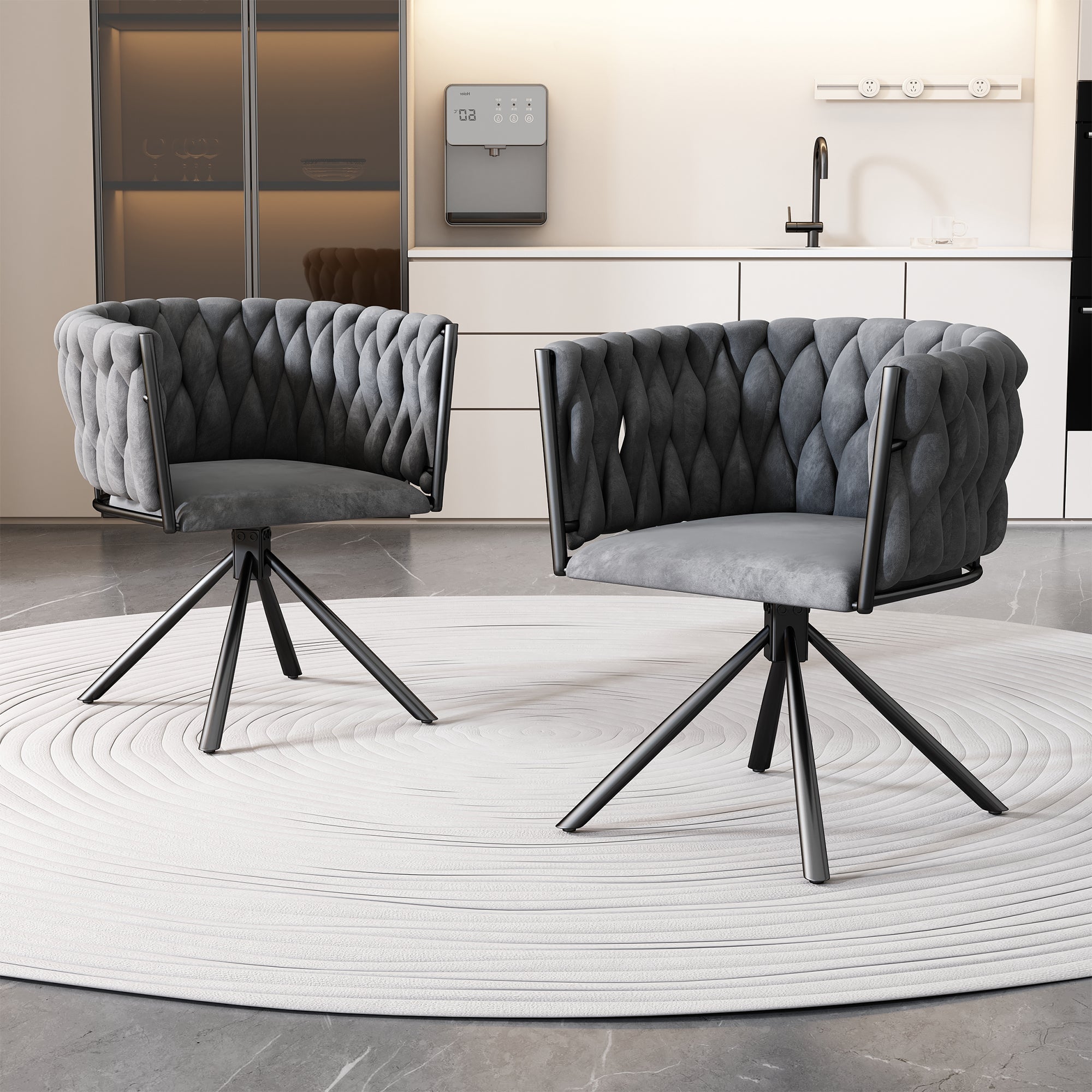 Velvet Dining Chair, Swivel Leisure Chair with Four Metal Legs, Grey Velvet