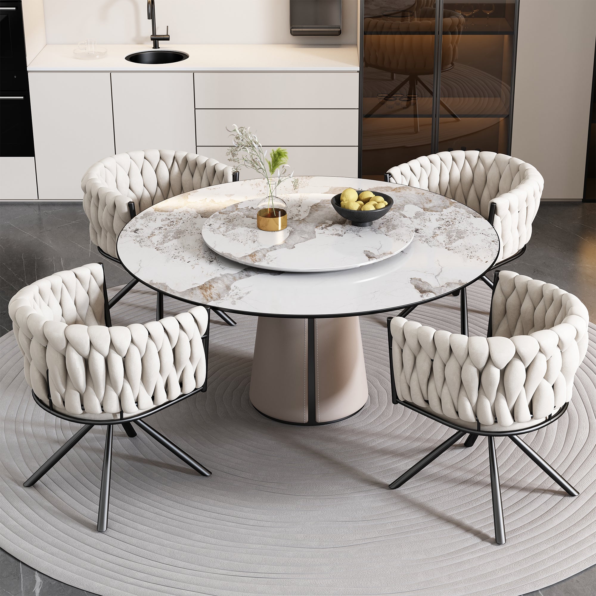 Velvet Dining Chair, Set of 6 Luxury Swivel Leisure Chairs with Metal Legs, Beige Velvet