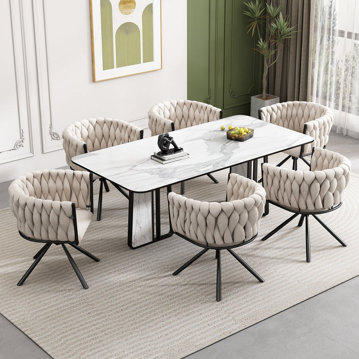 Velvet Dining Chair, Set of 6 Luxury Swivel Leisure Chairs with Metal Legs, Beige Velvet