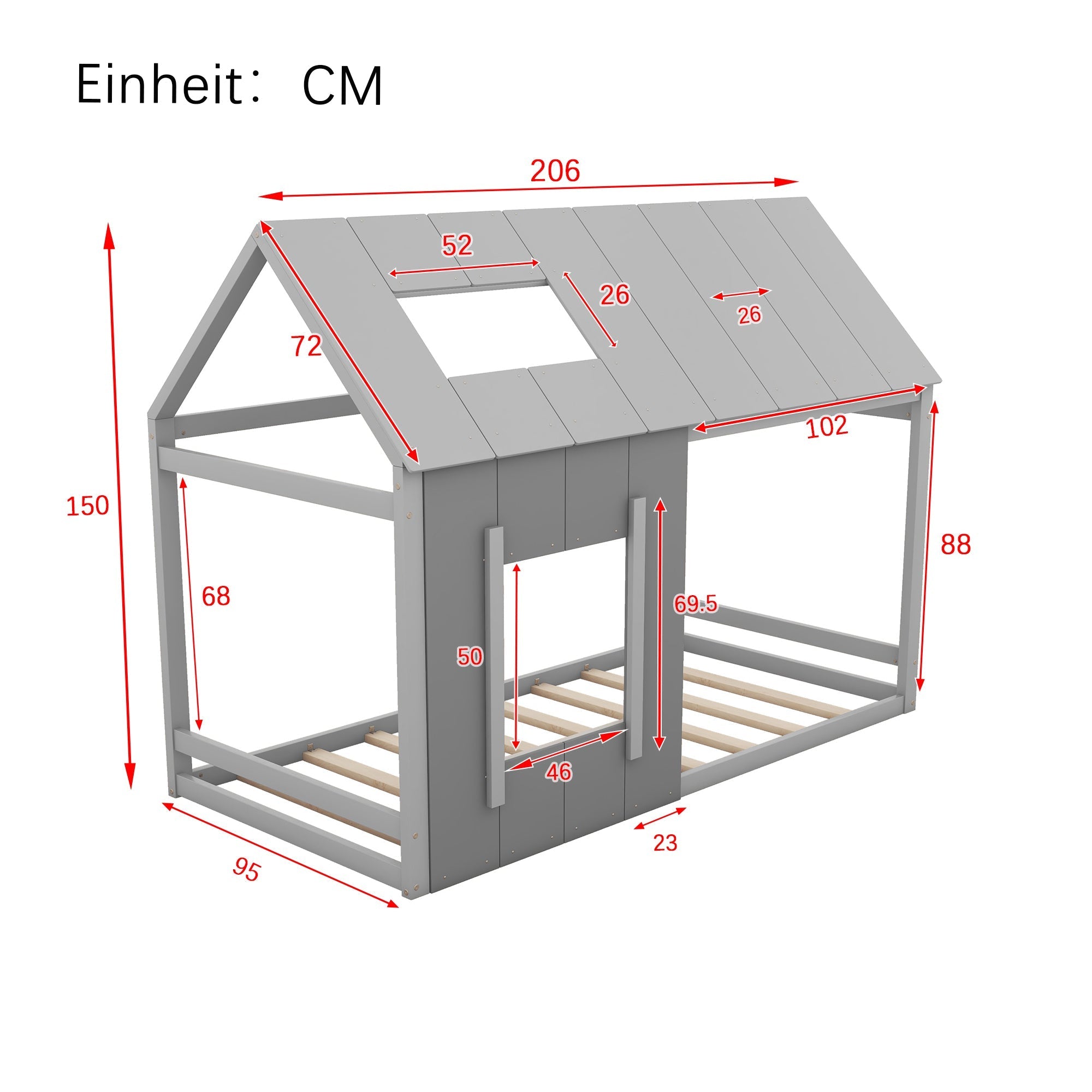 90 x 200 Children's Bed, House-Shaped with Roof and Window, Dark Grey and Light Grey