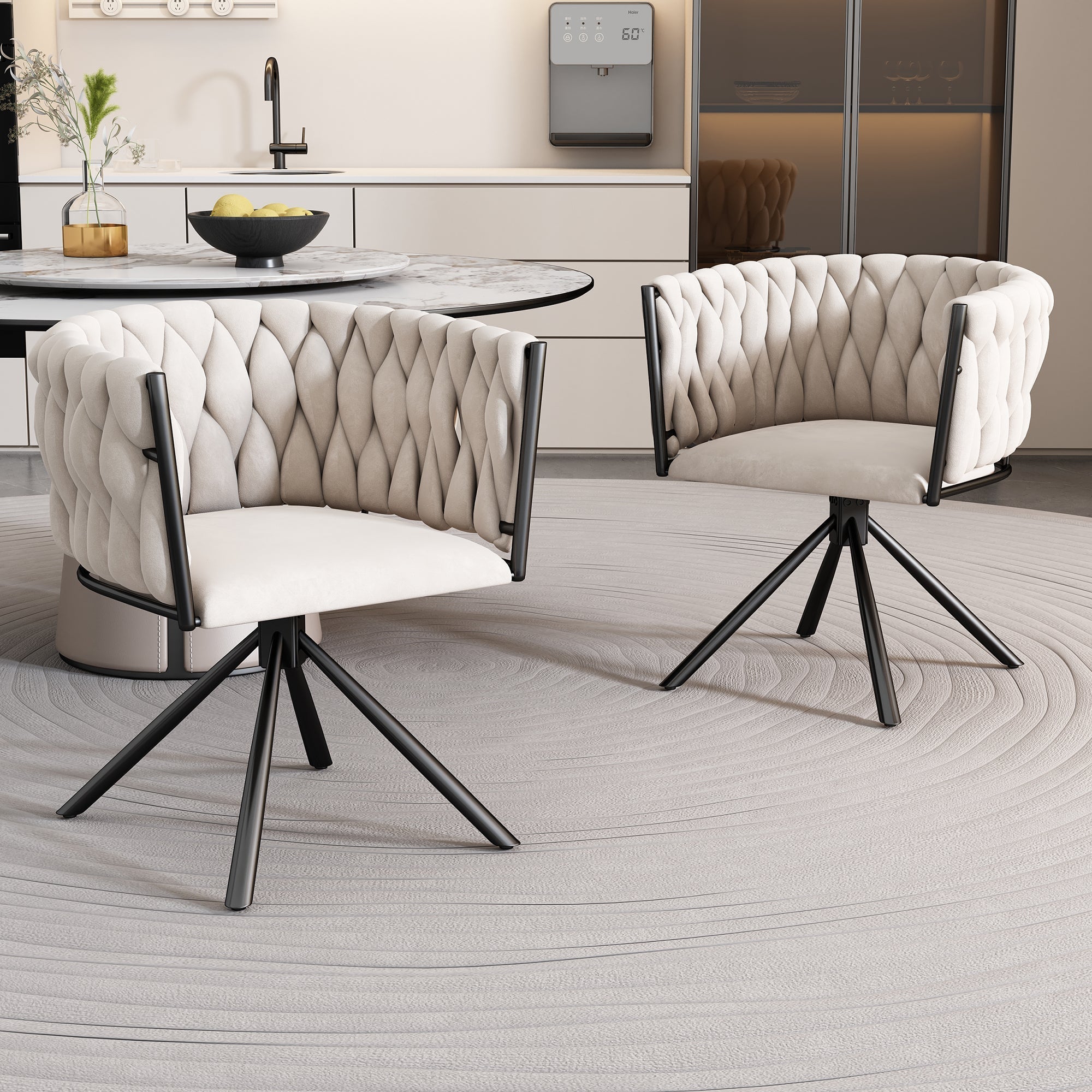 Velvet Dining Chair, Set of 2 Luxury Swivel Chairs with Metal Legs, Beige