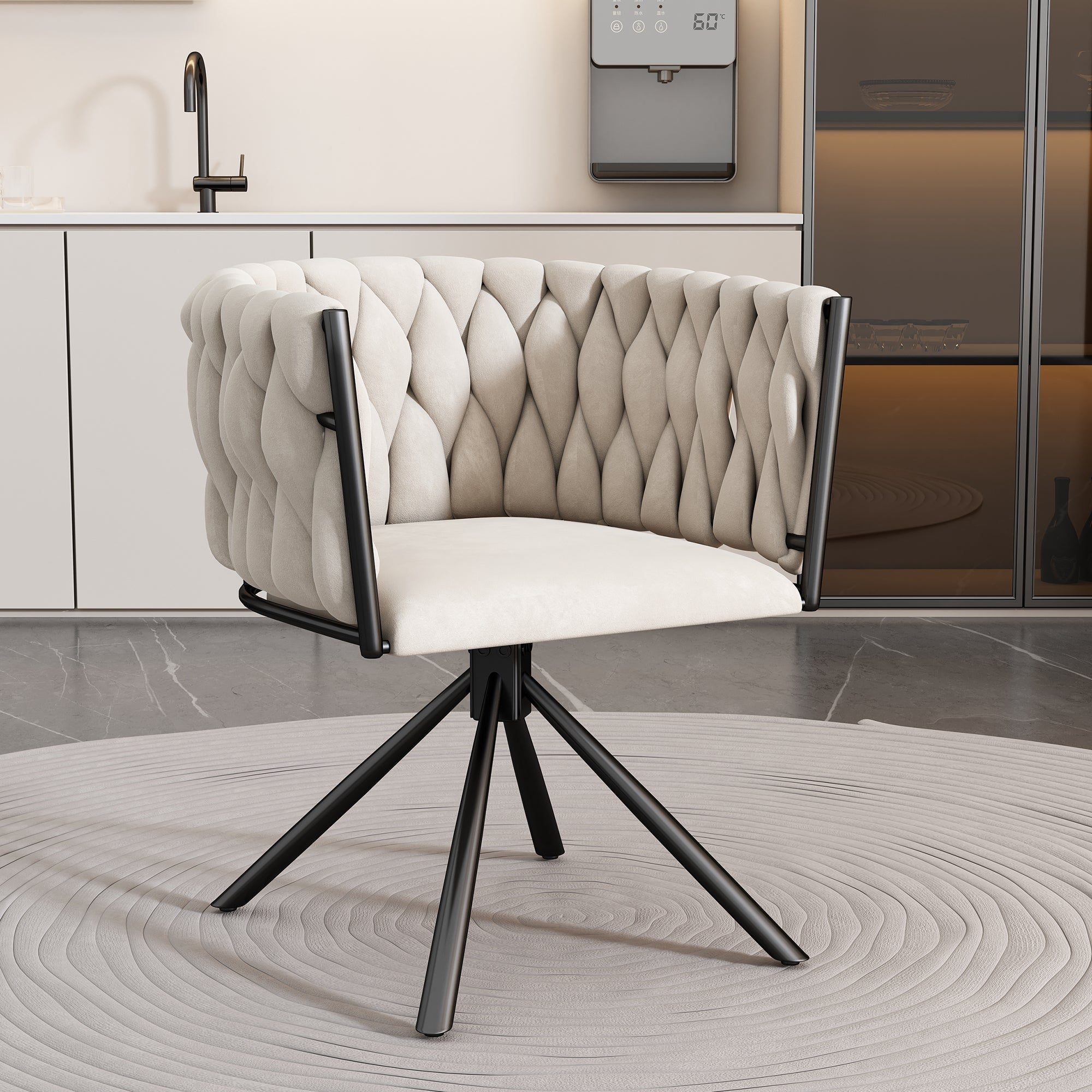 Velvet Dining Chair Single Swivel Metal Legs Beige