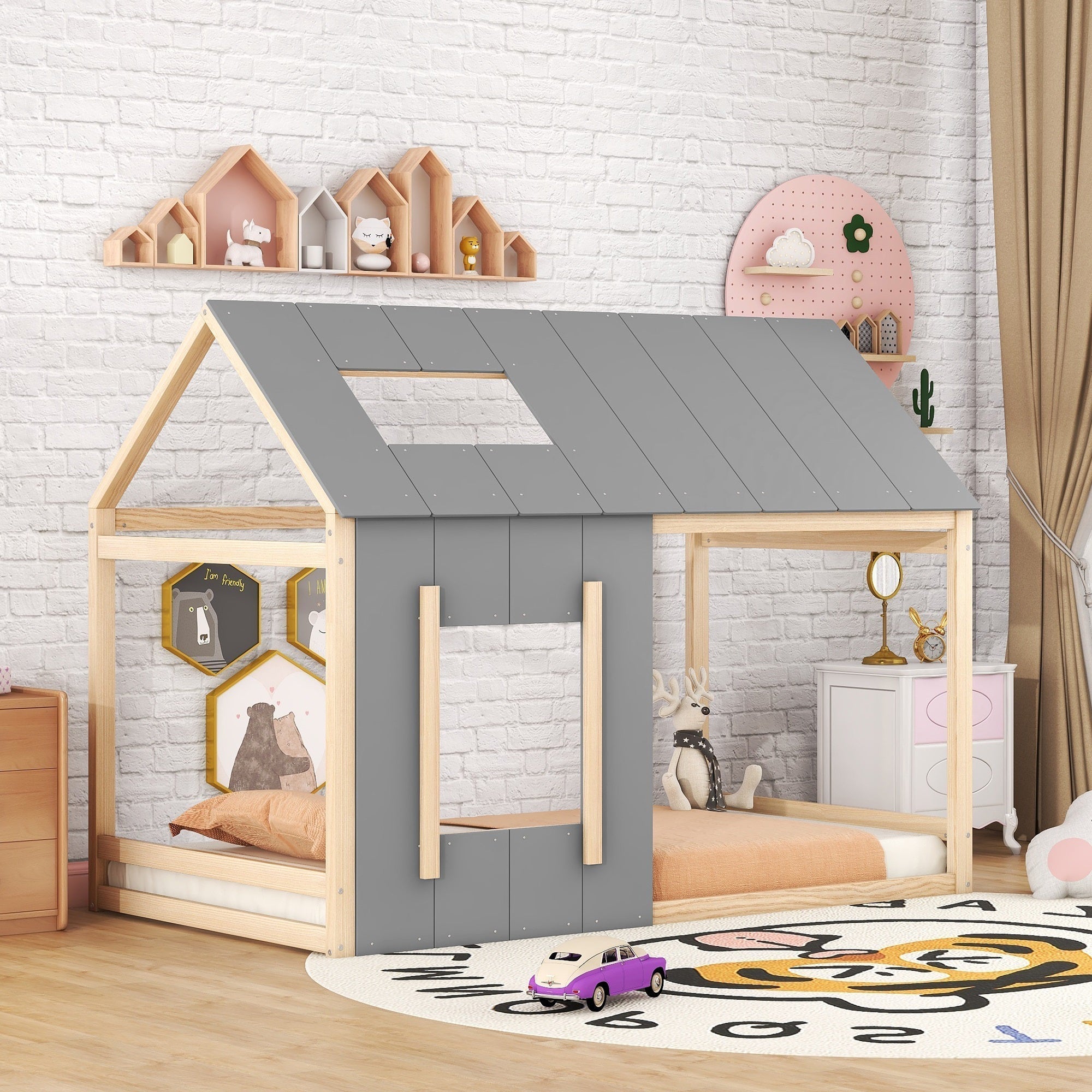 House Children's Bed 90x200cm with Roof and Window - Natural/Grey