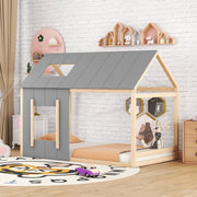 House Children's Bed 90x200cm with Roof and Window - Natural/Grey