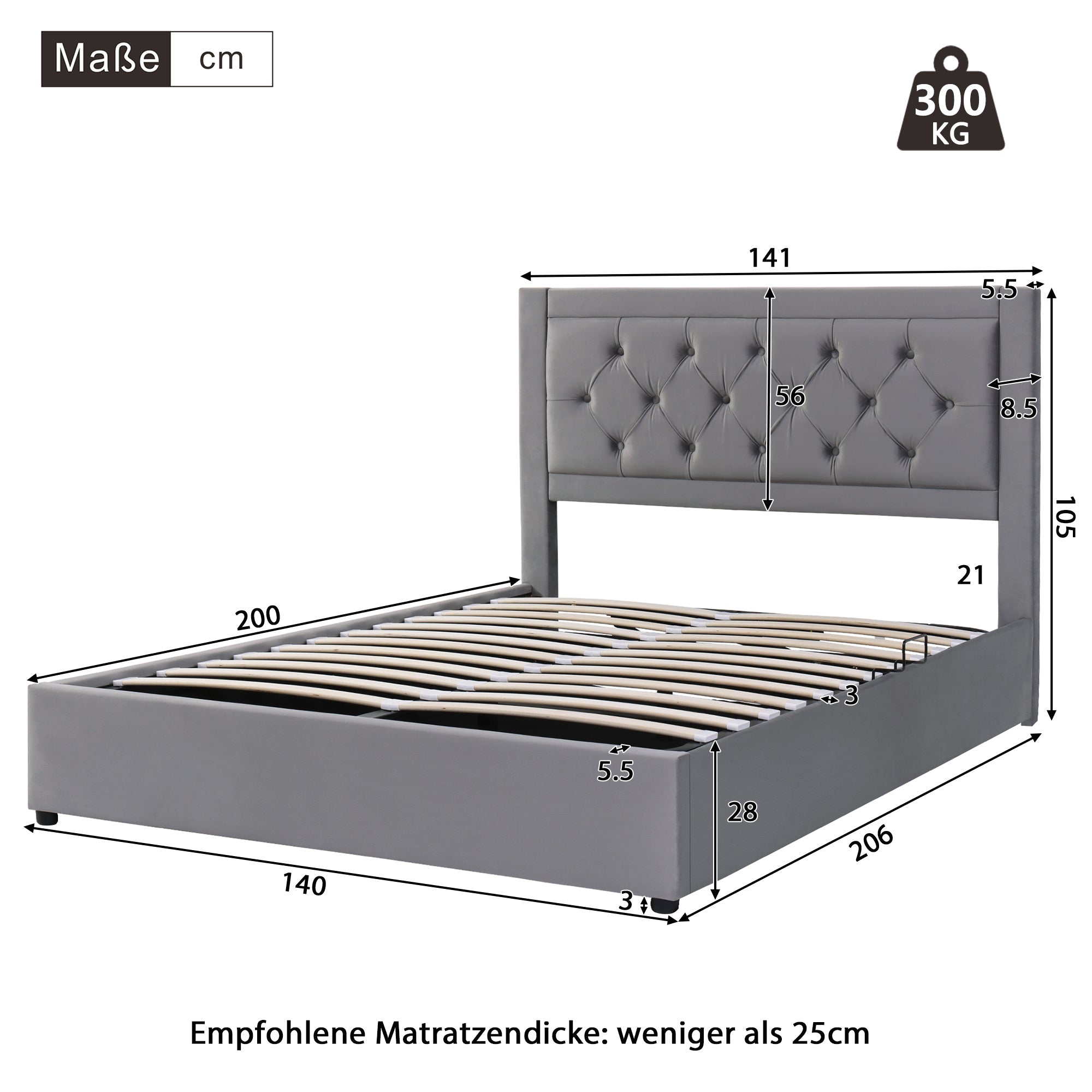 Upholstered Storage Bed with Chesterfield Headboard and Drawers, 140x200cm, Grey Velvet