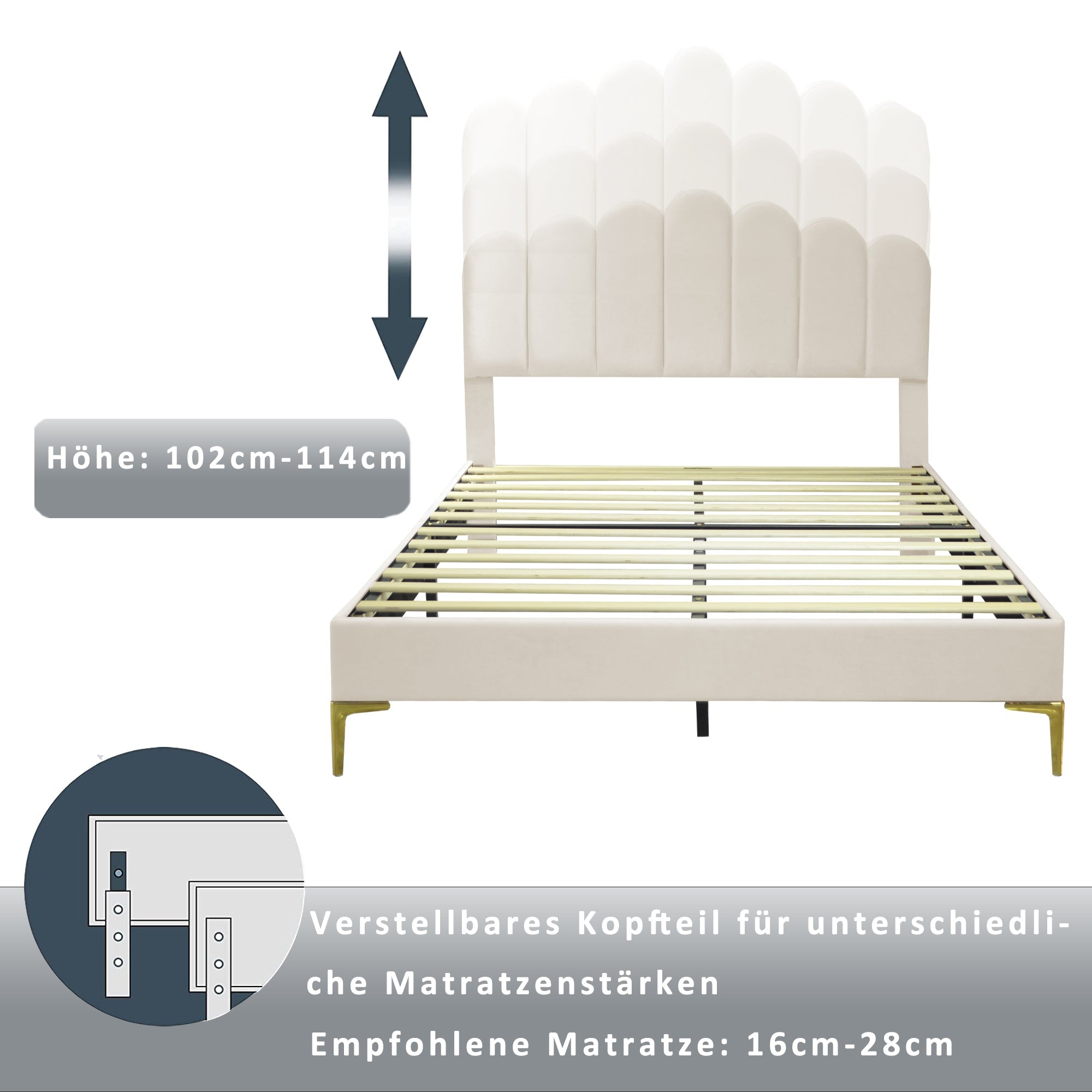 Upholstered Double Bed, 140x200cm with Headboard & Slatted Frame, Beige Velvet
