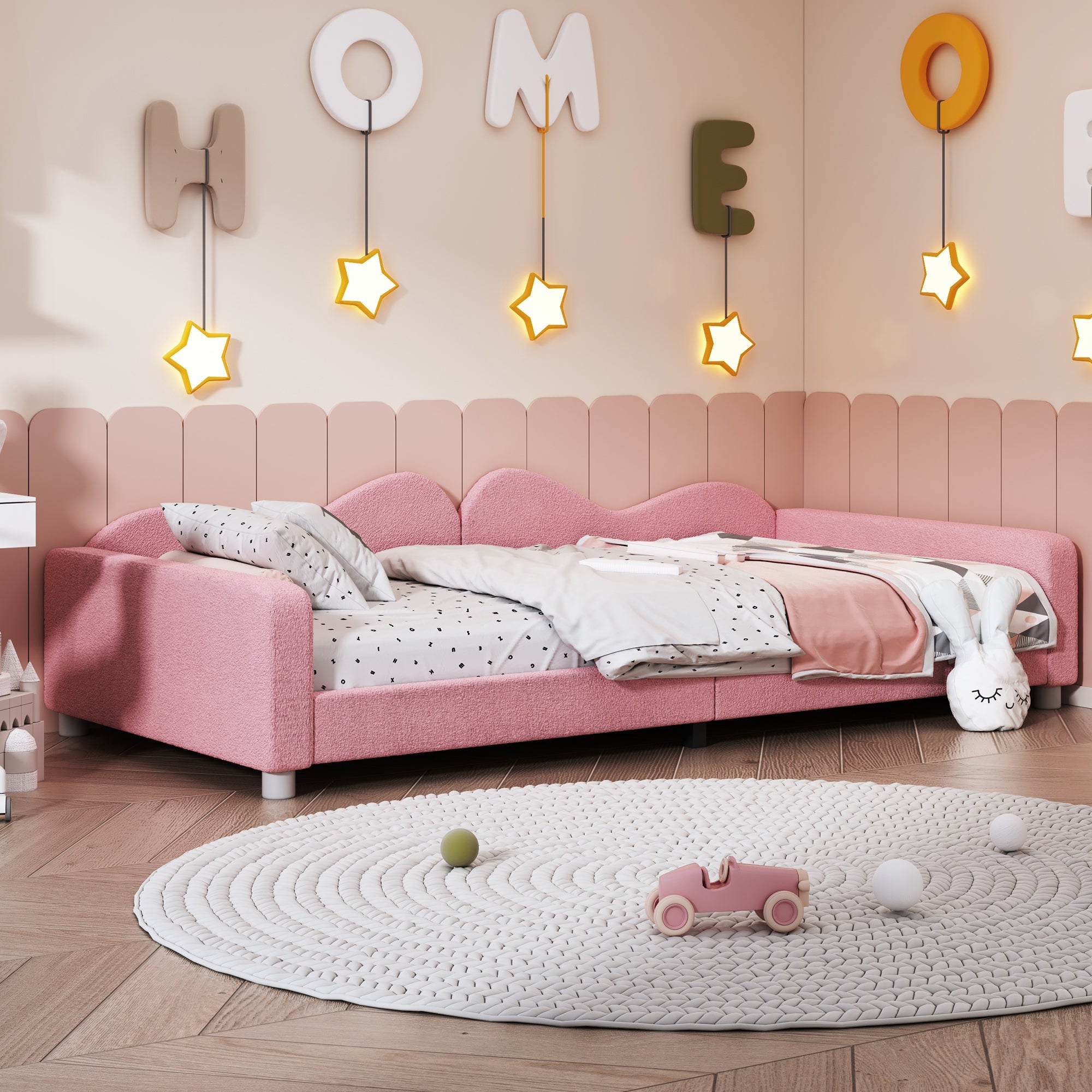 Children's Bed Upholstered 90*200cm, Multifunctional Sofa Bed with Backrest and Armrests, Teddy Fabric Pink
