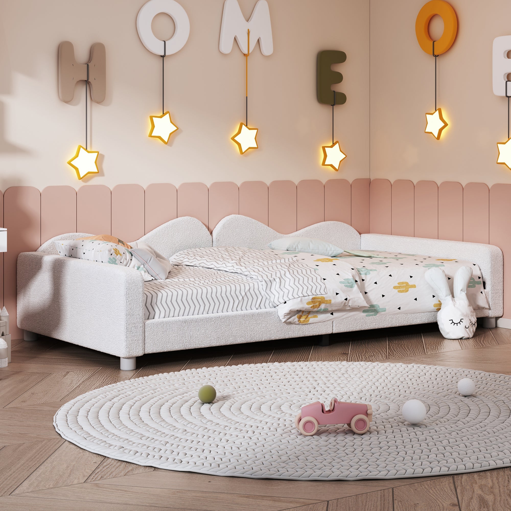Children's Bed Upholstered 90*200cm, Multifunctional Sofa Bed Frame with Backrest and Armrests, White
