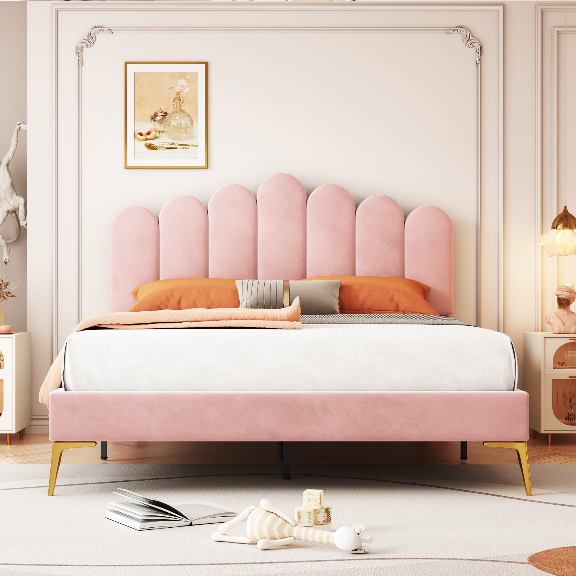 Upholstered Double Bed, 140x200cm, Headboard & Slatted Frame, Velvet Pink