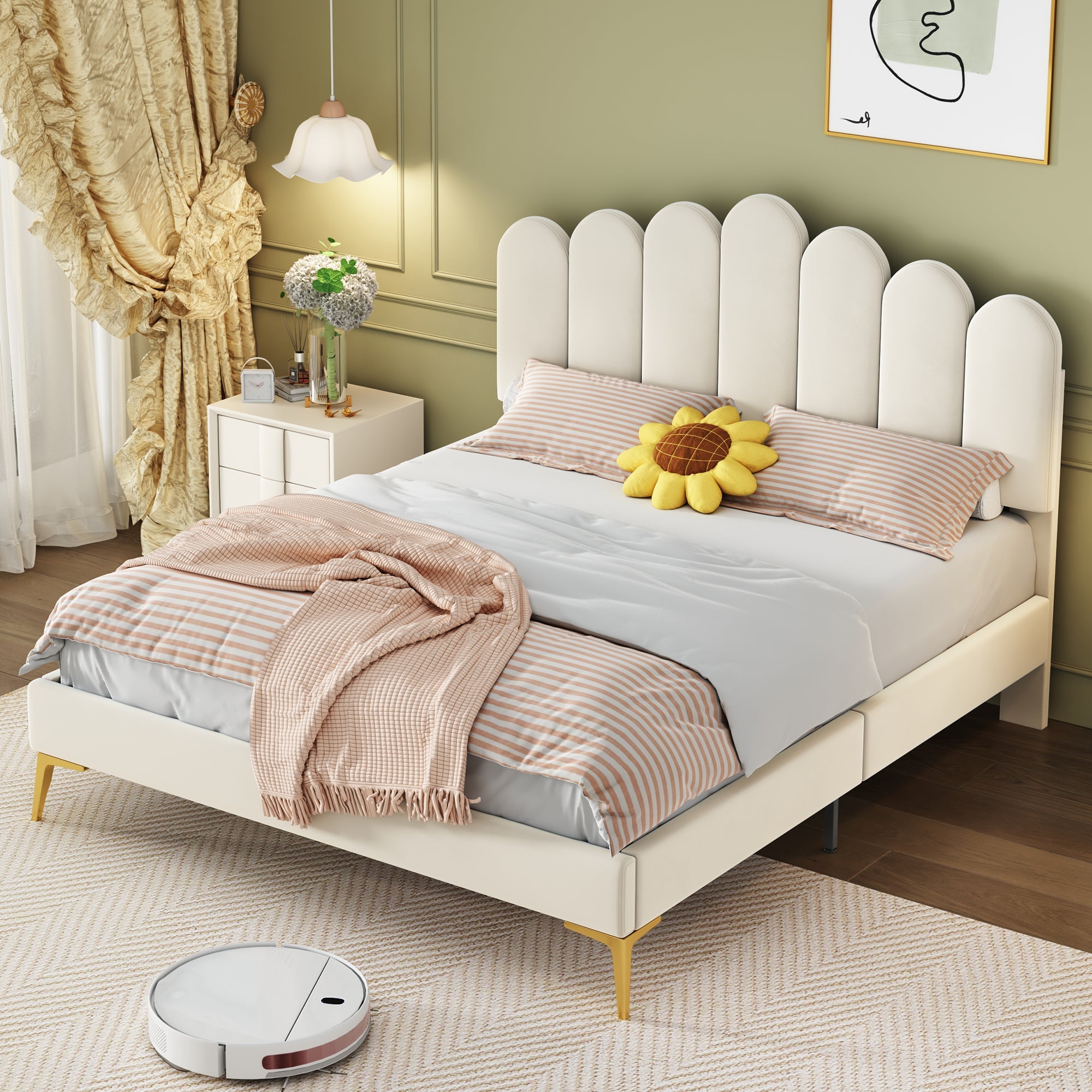 Upholstered Double Bed, 140x200cm with Headboard & Slatted Frame, Beige Velvet
