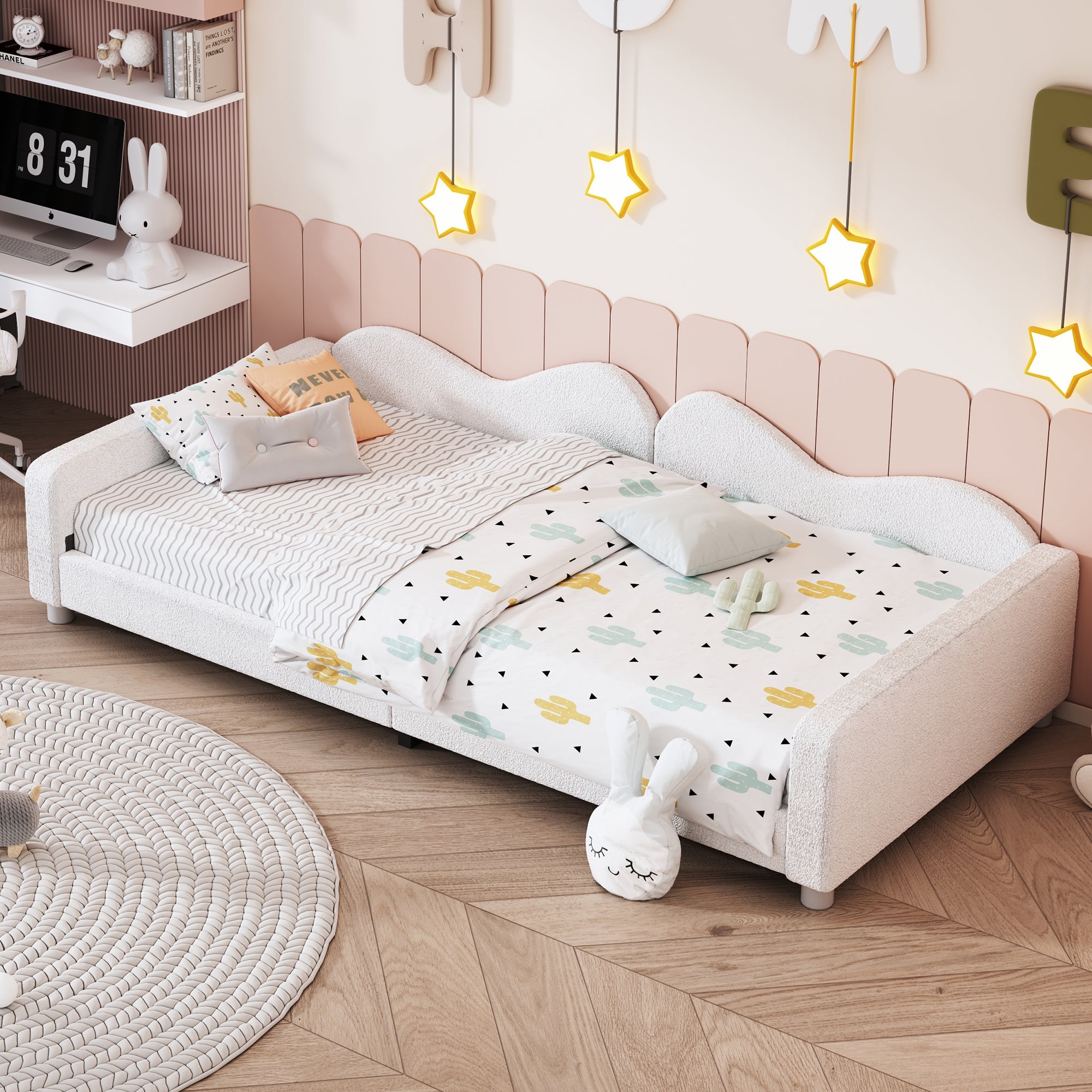 Children's Bed Upholstered 90*200cm, Multifunctional Sofa Bed Frame with Backrest and Armrests, White