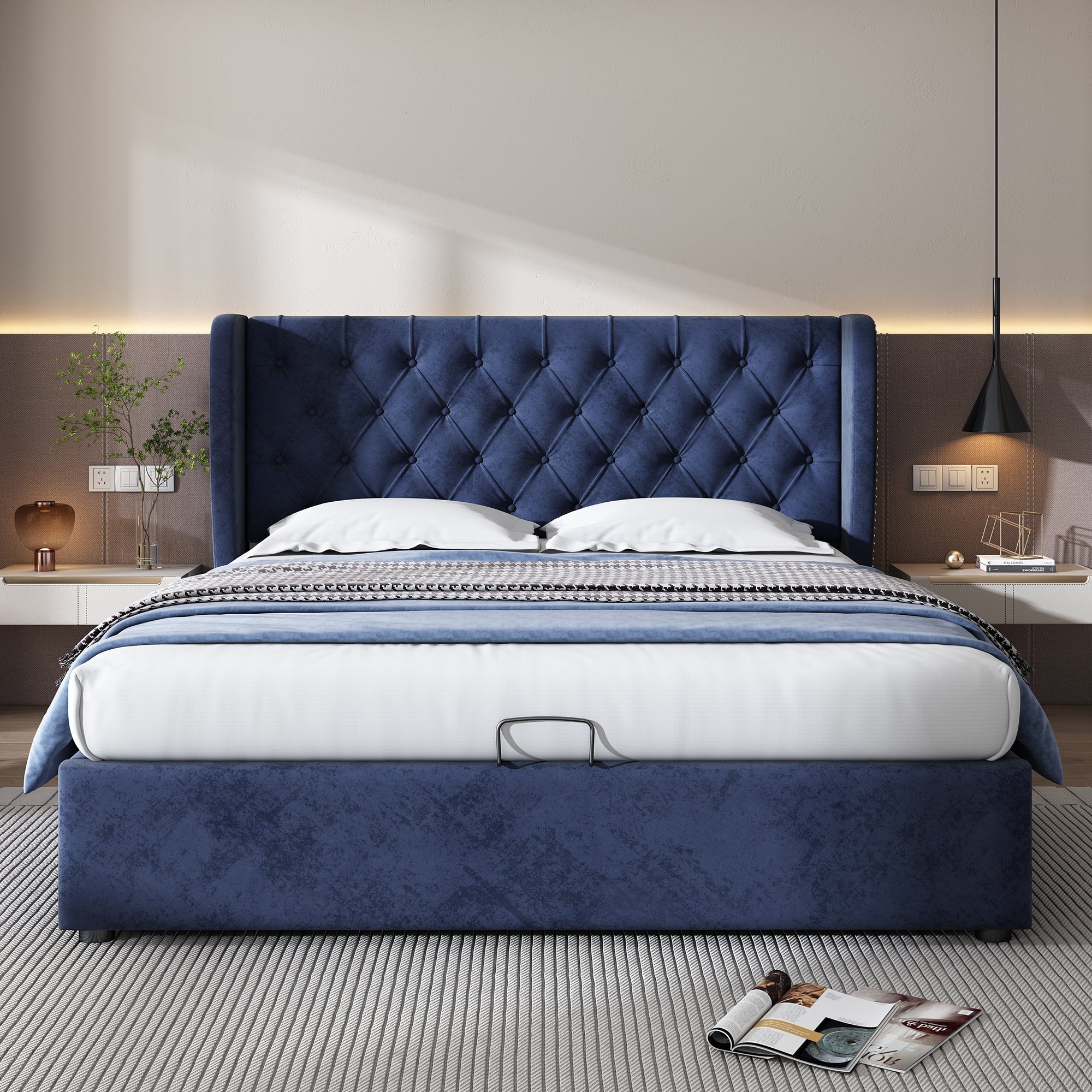 Upholstered Bed, Hydraulic Lift, Storage, 135x190cm, Blue Velvet