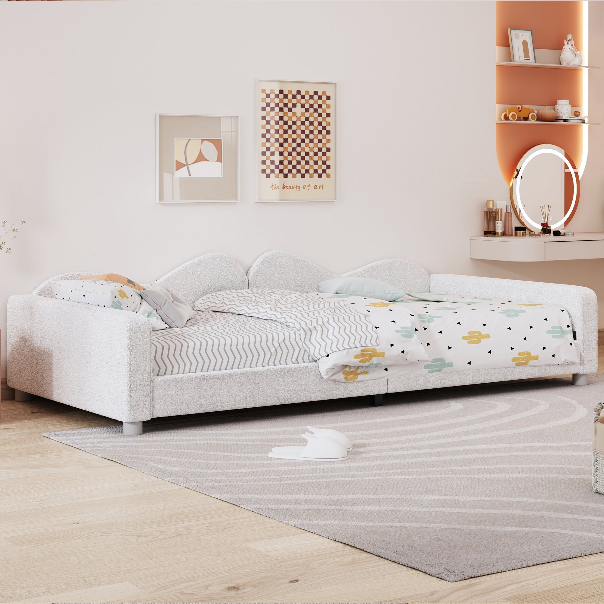 Children's Bed Upholstered 90*200cm, Multifunctional Sofa Bed Frame with Backrest and Armrests, White