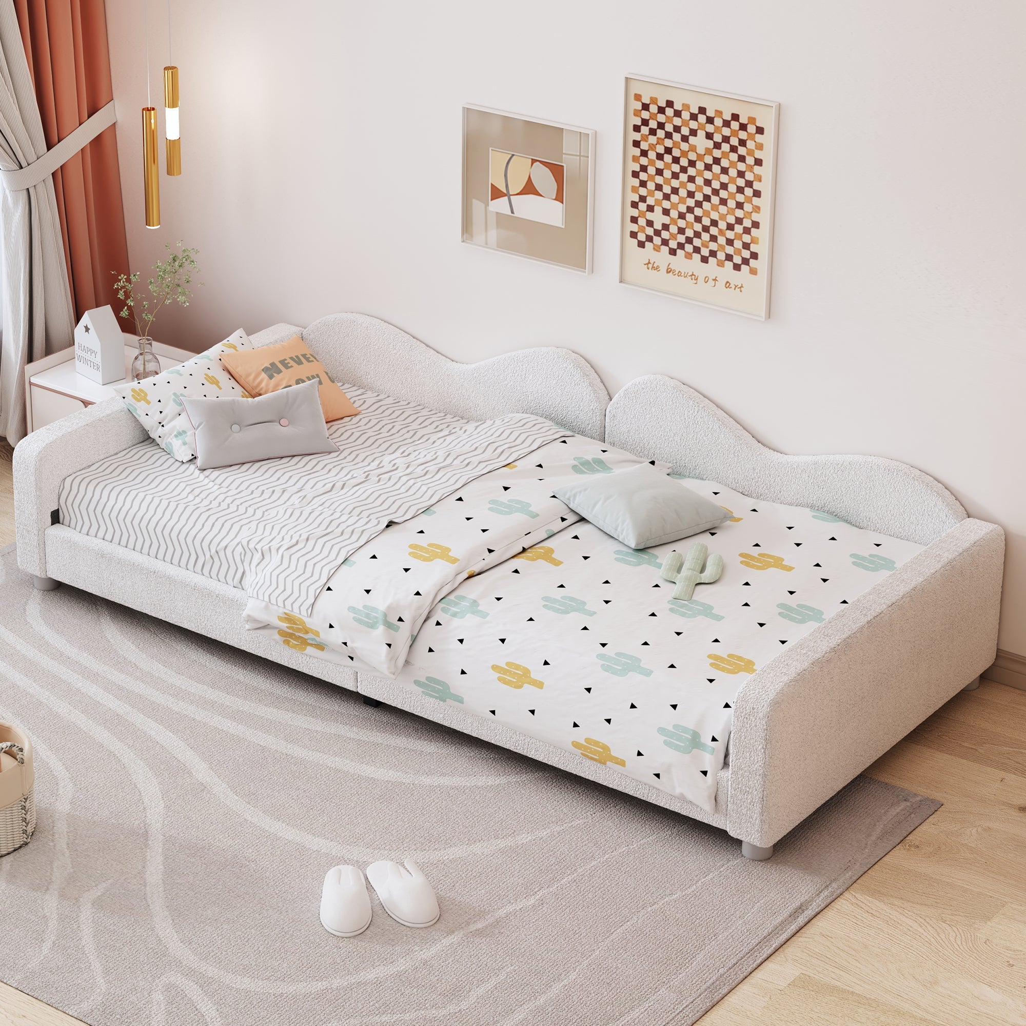 Children's Bed Upholstered 90*200cm, Multifunctional Sofa Bed Frame with Backrest and Armrests, White
