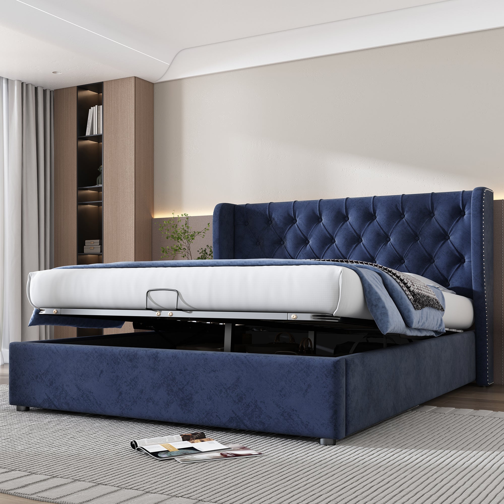 Upholstered Bed, Hydraulic Lift, Storage, 135x190cm, Blue Velvet