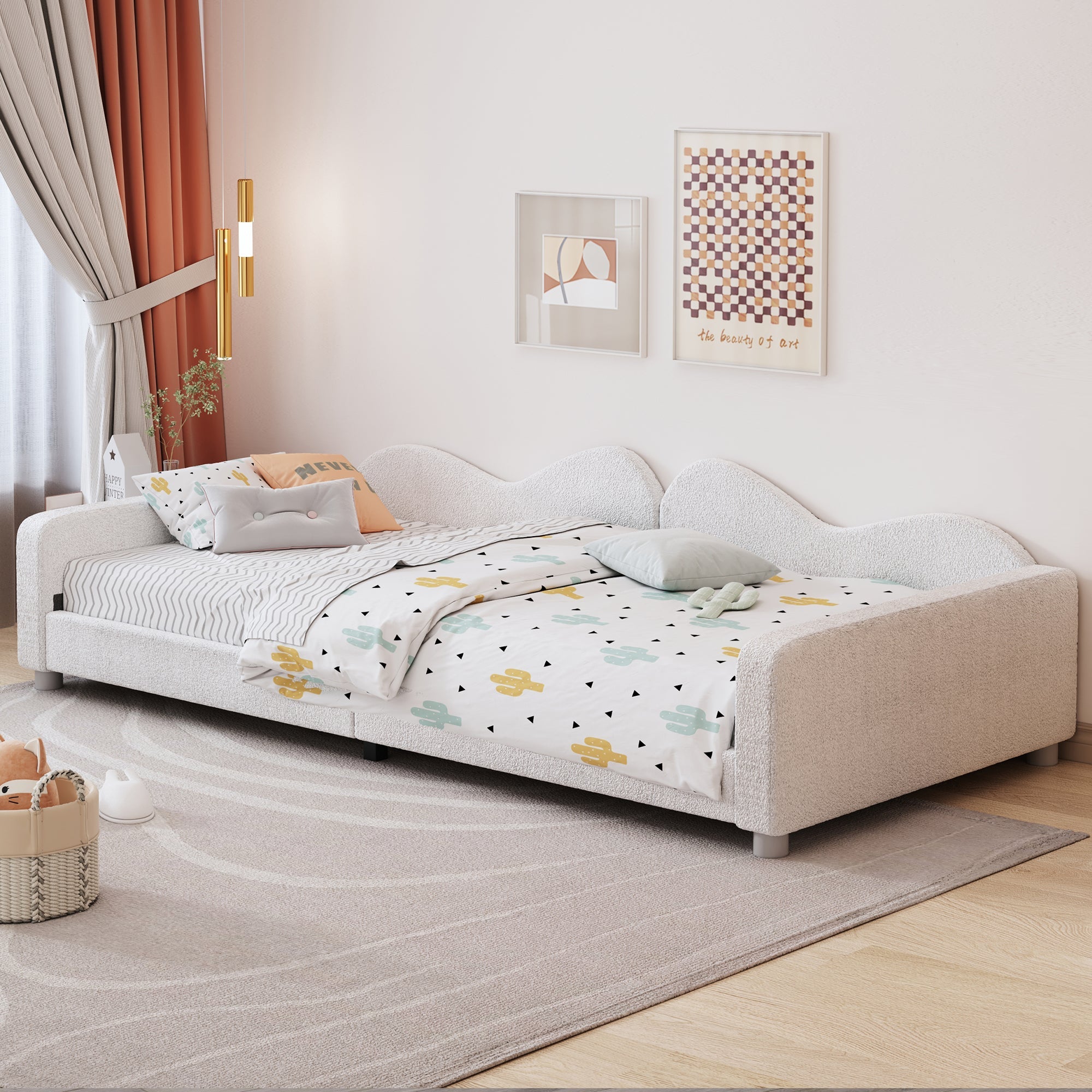 Children's Bed Upholstered 90*200cm, Multifunctional Sofa Bed Frame with Backrest and Armrests, White