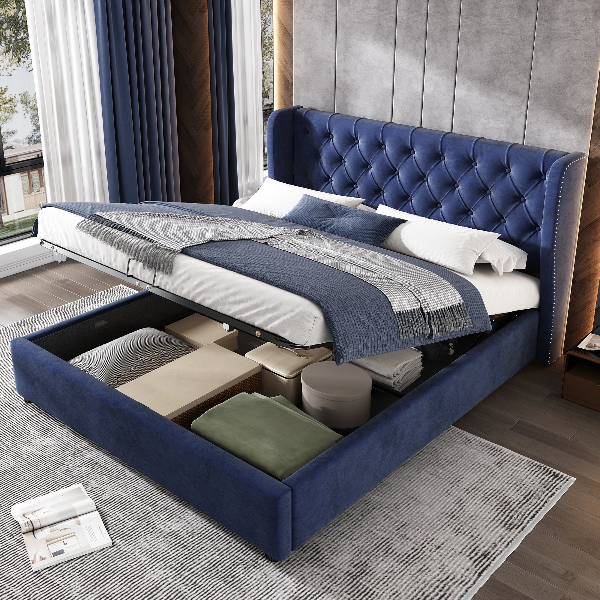 Upholstered Bed, Hydraulic Lift, Storage, 135x190cm, Blue Velvet