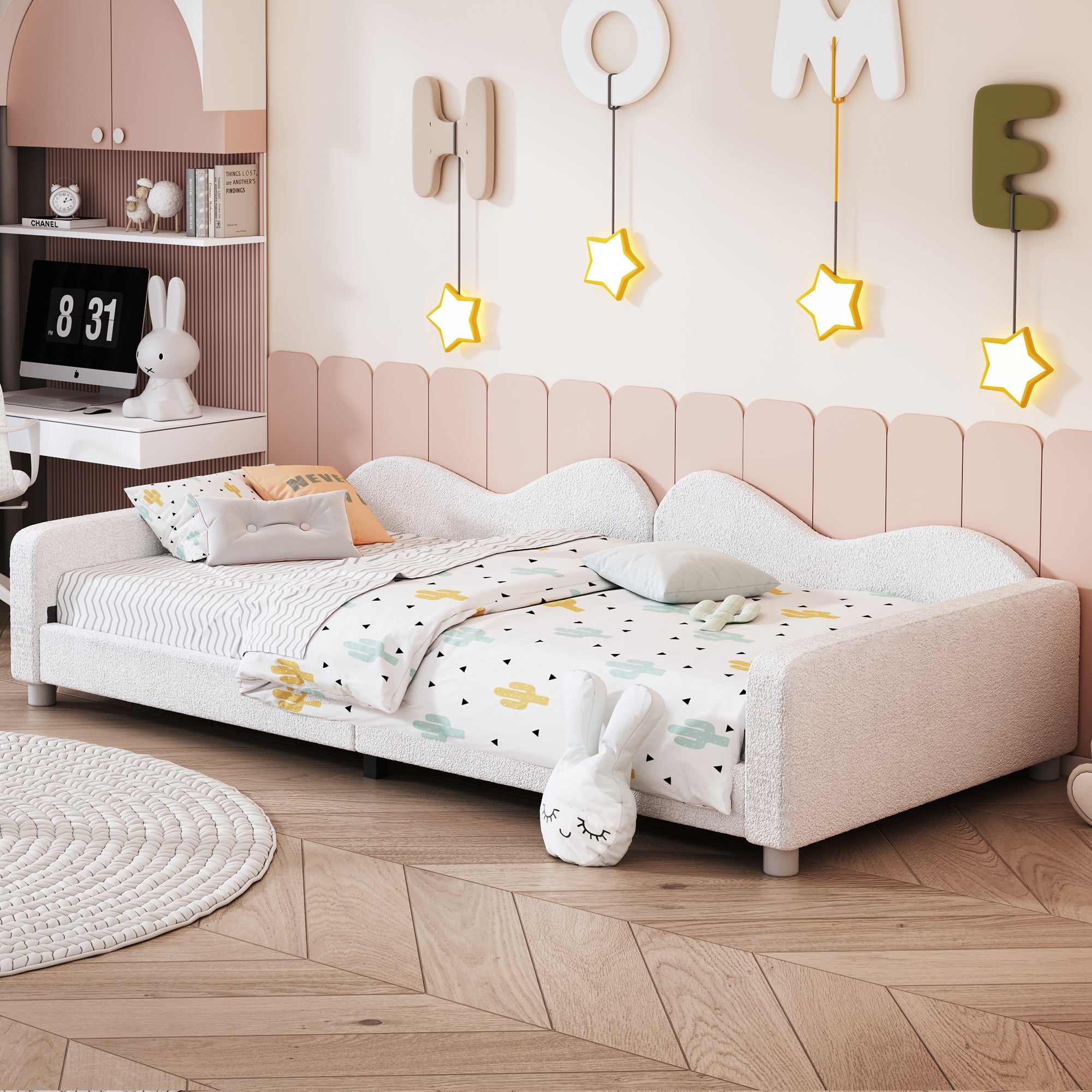 Children's Bed Upholstered 90*200cm, Multifunctional Sofa Bed Frame with Backrest and Armrests, White