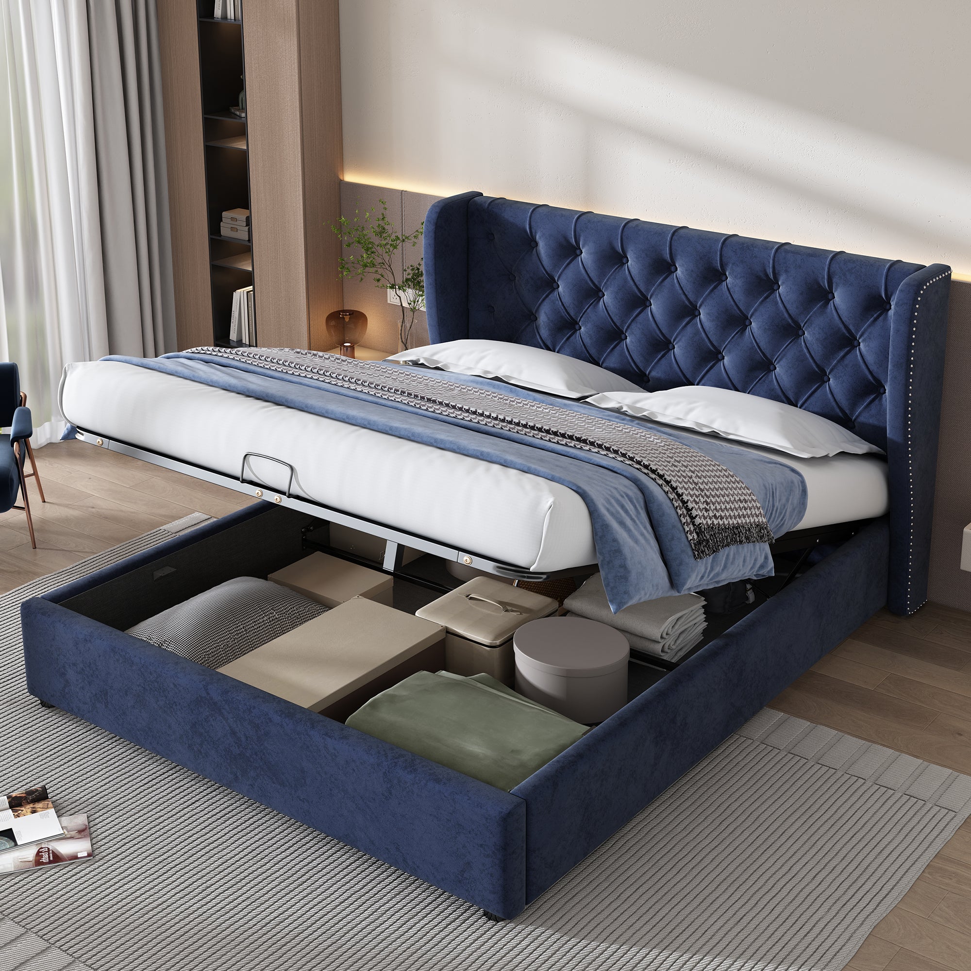 Upholstered Bed, Hydraulic Lift, Storage, 135x190cm, Blue Velvet