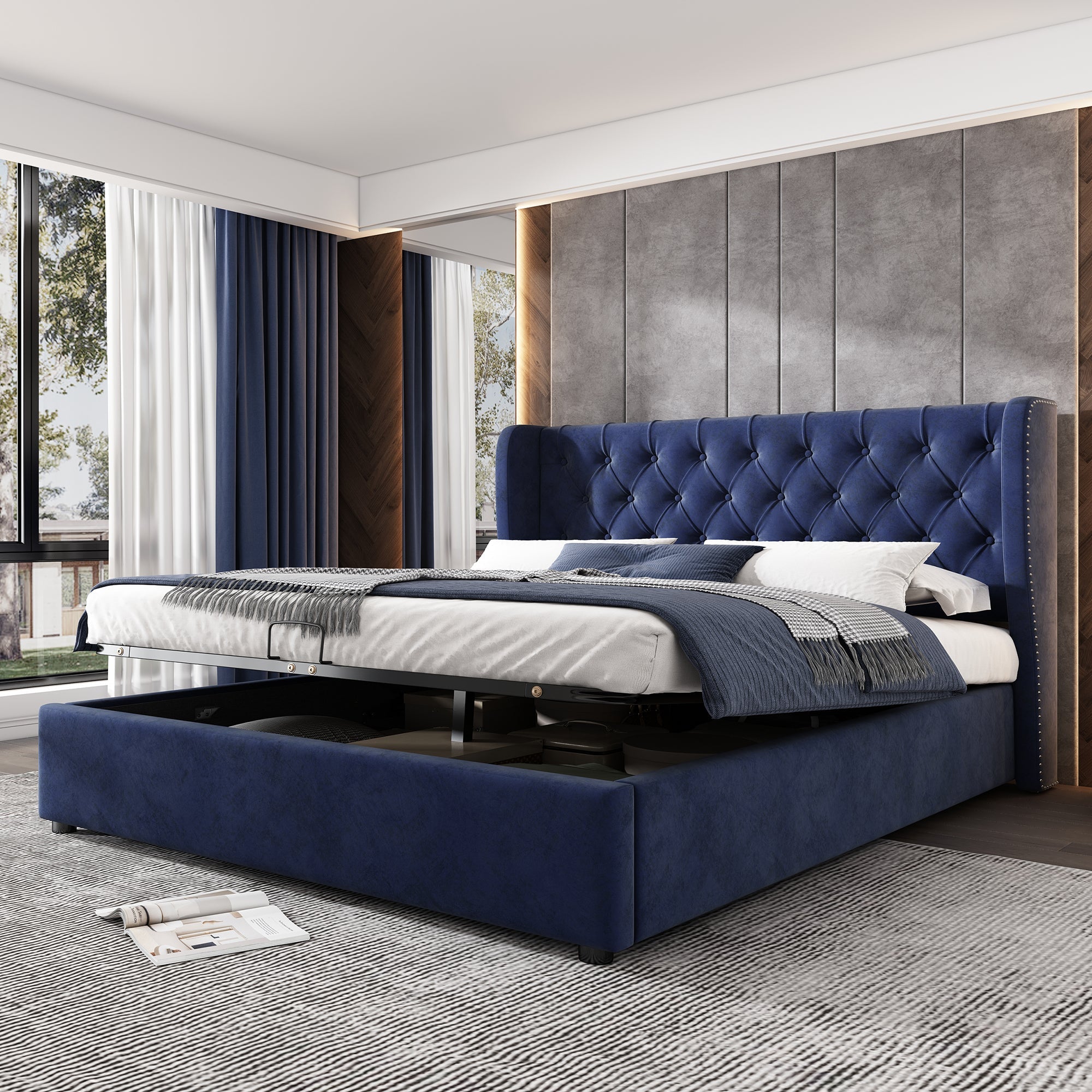 Upholstered Bed, Hydraulic Lift, Storage, 135x190cm, Blue Velvet