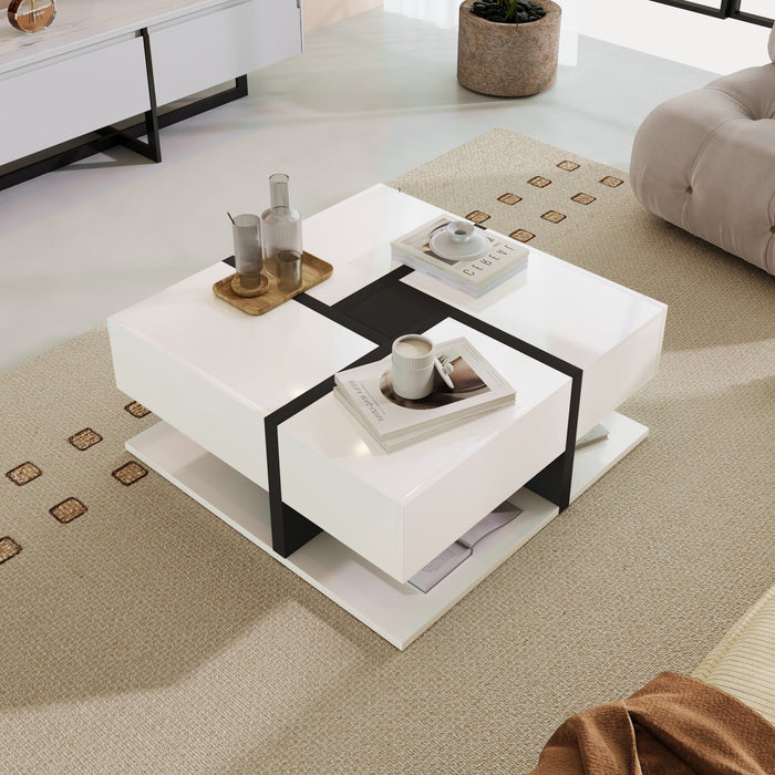 Coffee Table, 4-Drawer High-Gloss with Storage, White and Black