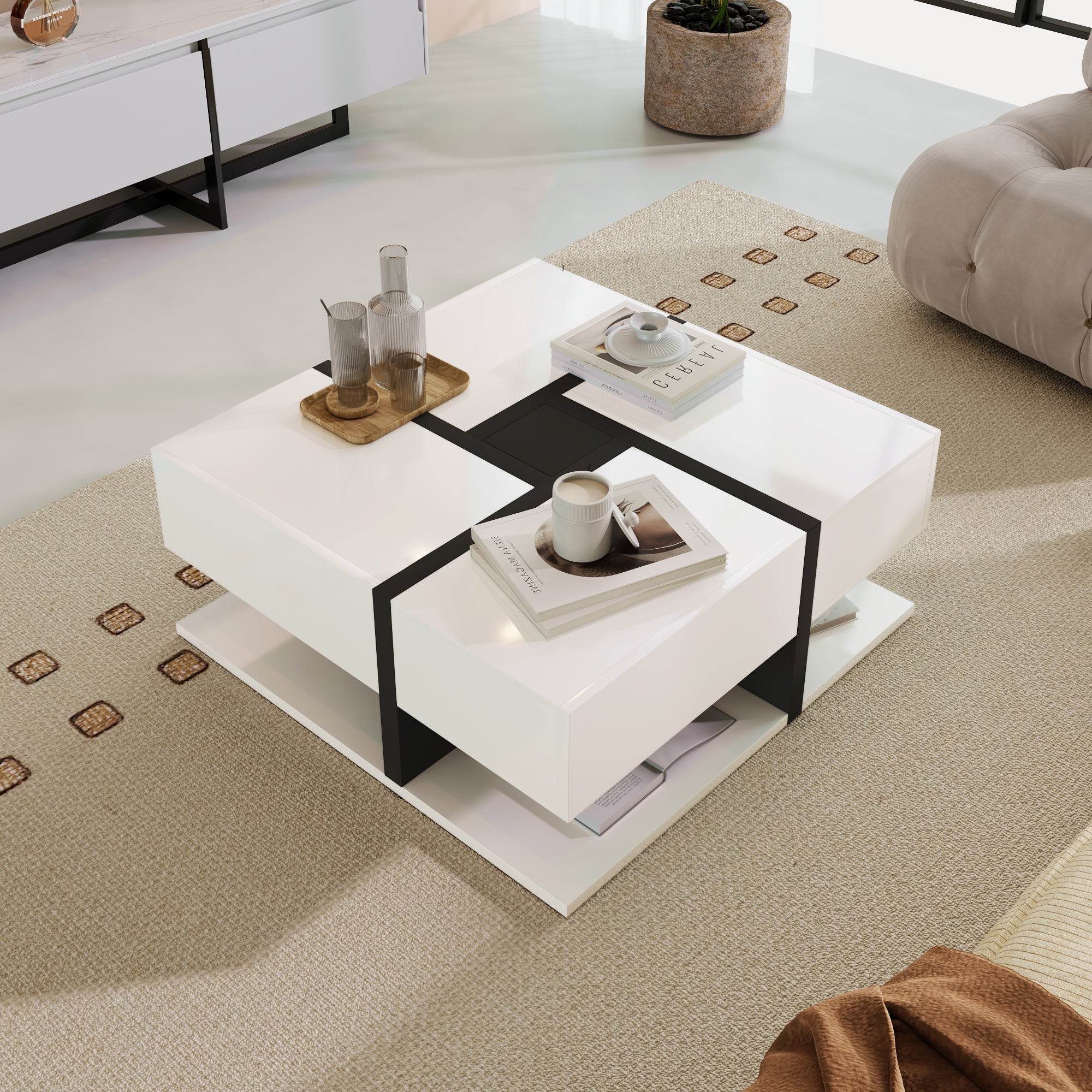 Coffee Table, High-Gloss with 4 Drawers, Linear Design