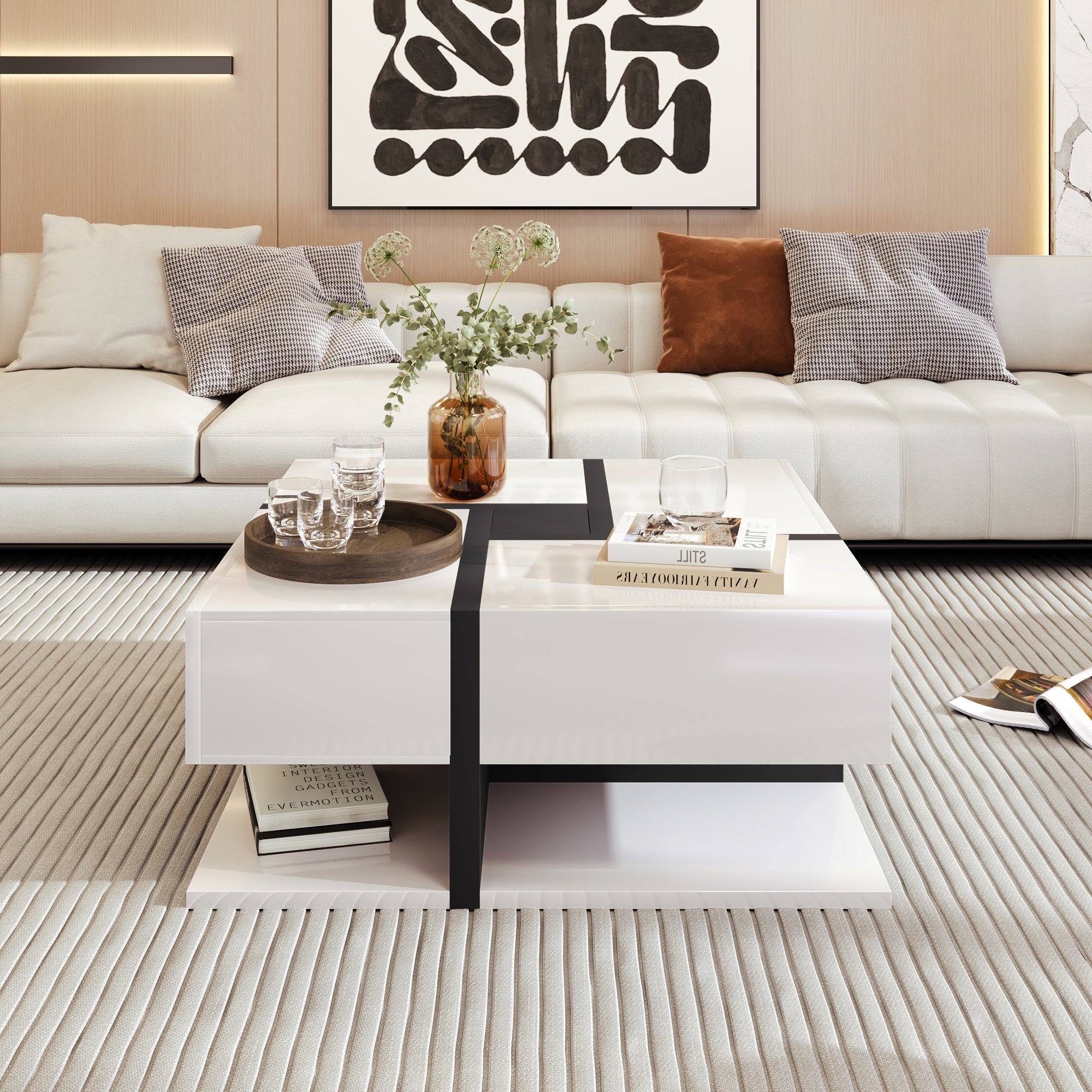 Coffee Table, High-Gloss with 4 Drawers, Linear Design