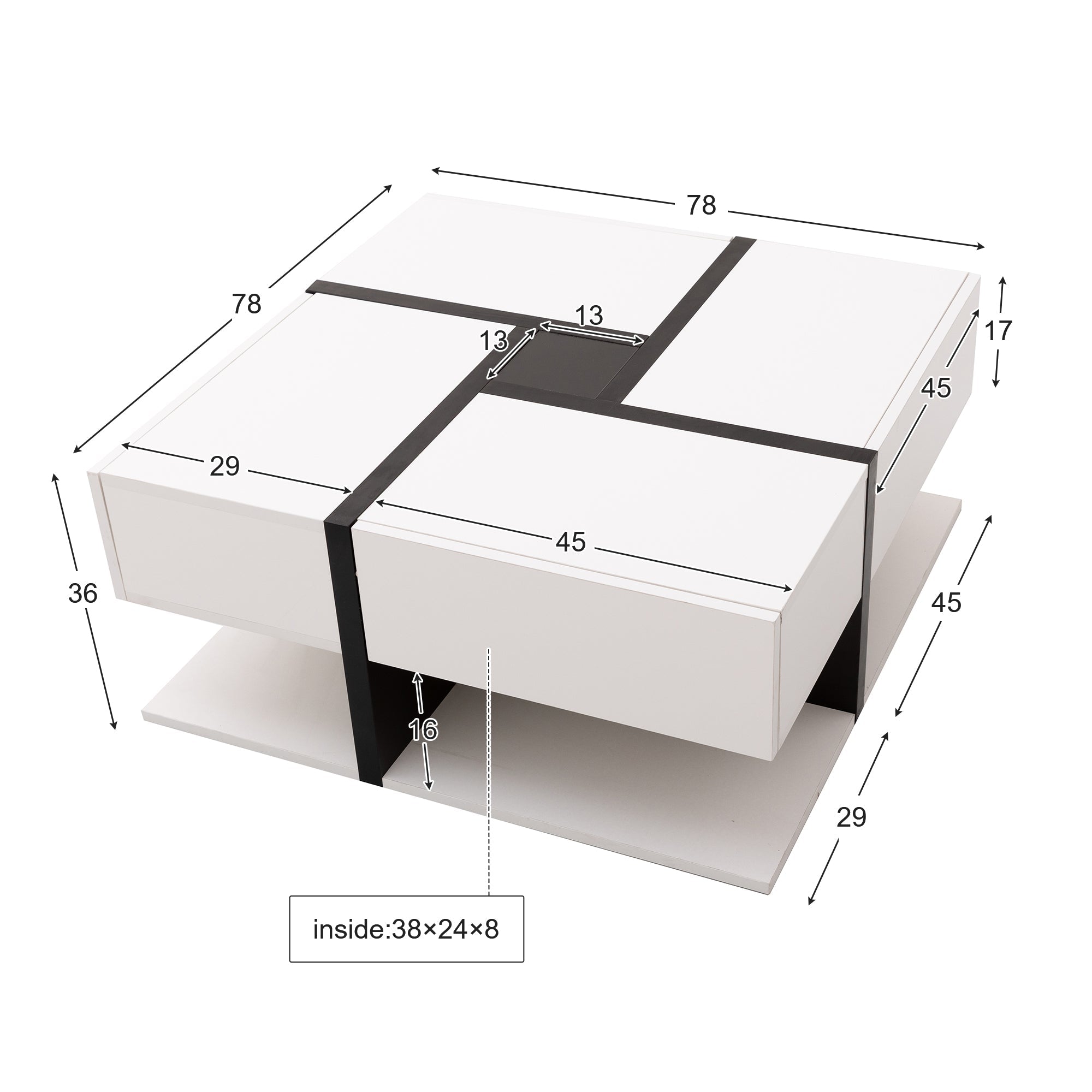Coffee Table, 4-Drawer High-Gloss with Storage, White and Black