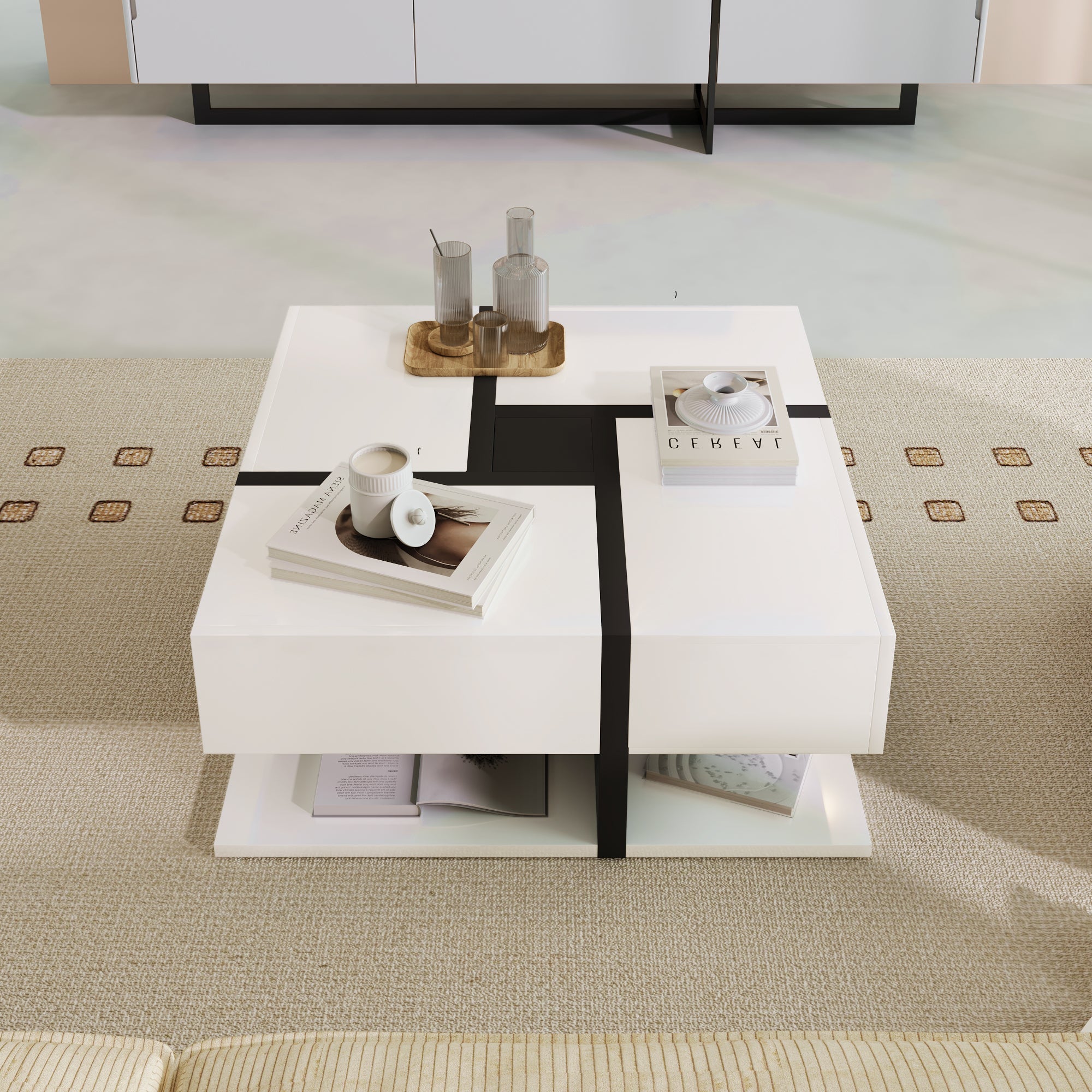 Coffee Table, 4-Drawer High-Gloss with Storage, White and Black