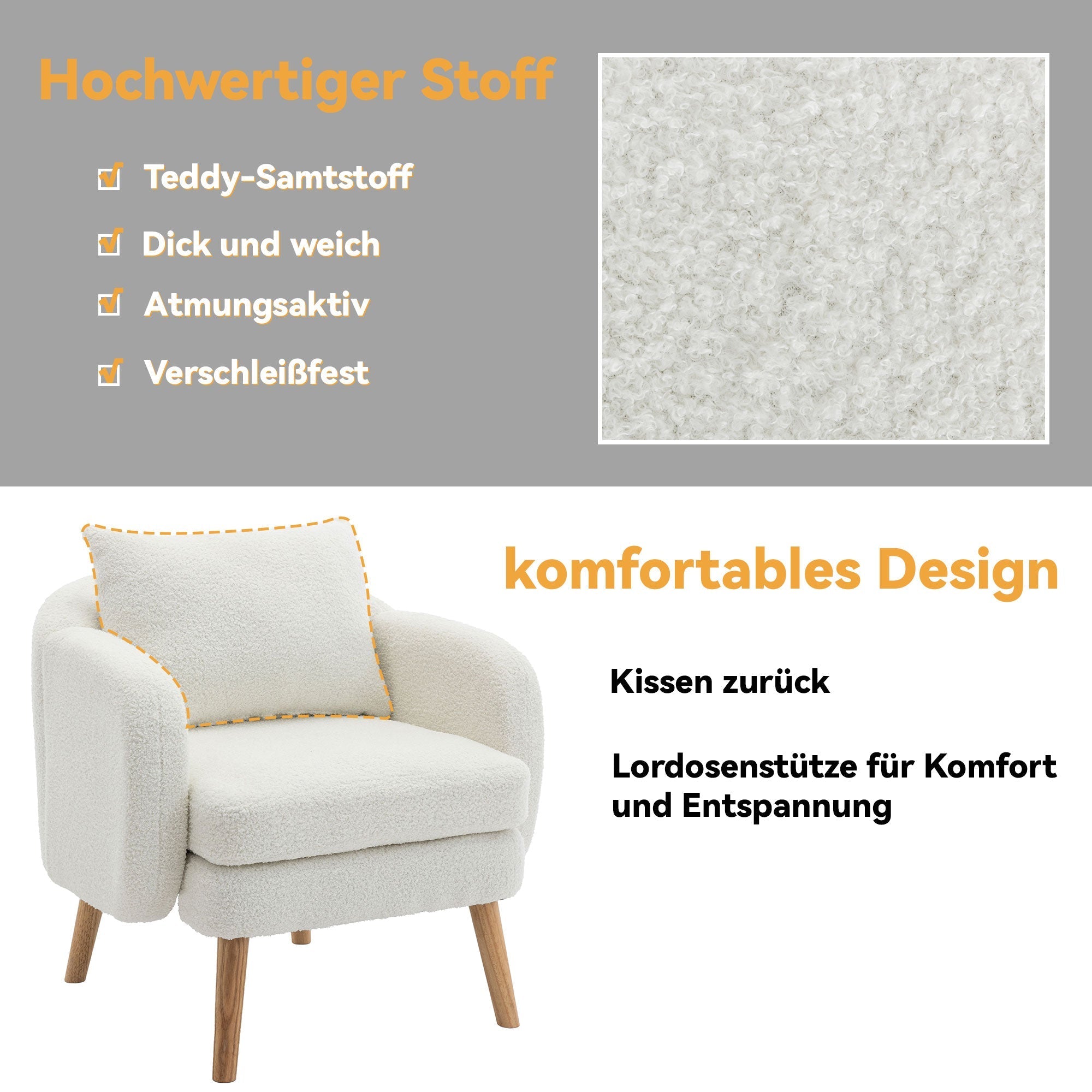 Teddy Velvet Armchair, Modern Simple Thick Cushion, Upholstered, Solid Wood Leg