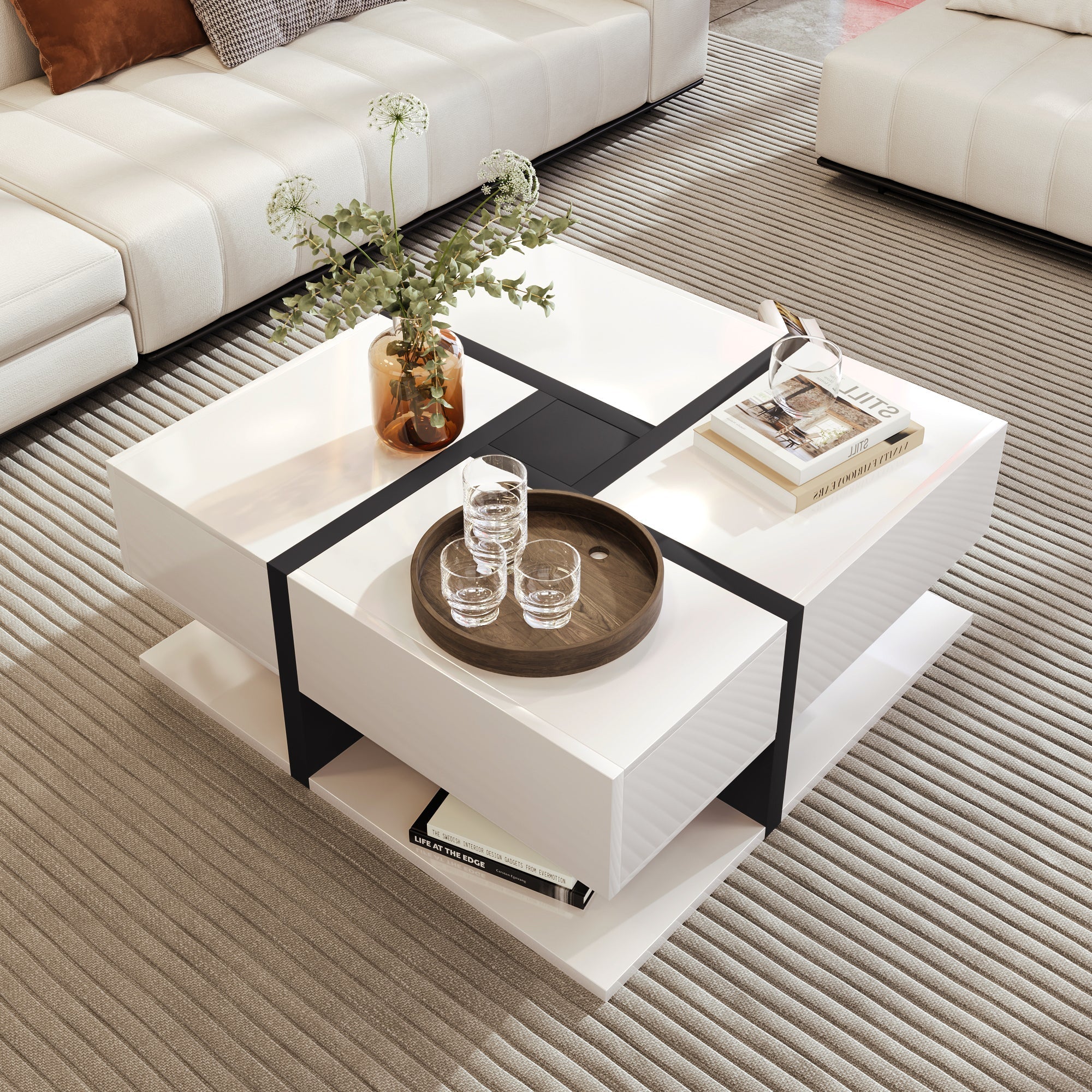 Coffee Table, 4-Drawer High-Gloss with Storage, White and Black