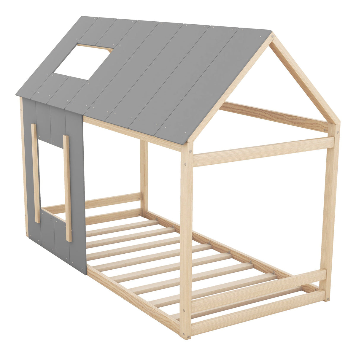House Children's Bed 90x200cm with Roof and Window - Natural/Grey