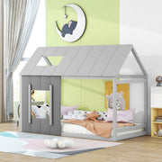 90 x 200 Children's Bed, House-Shaped with Roof and Window, Dark Grey and Light Grey