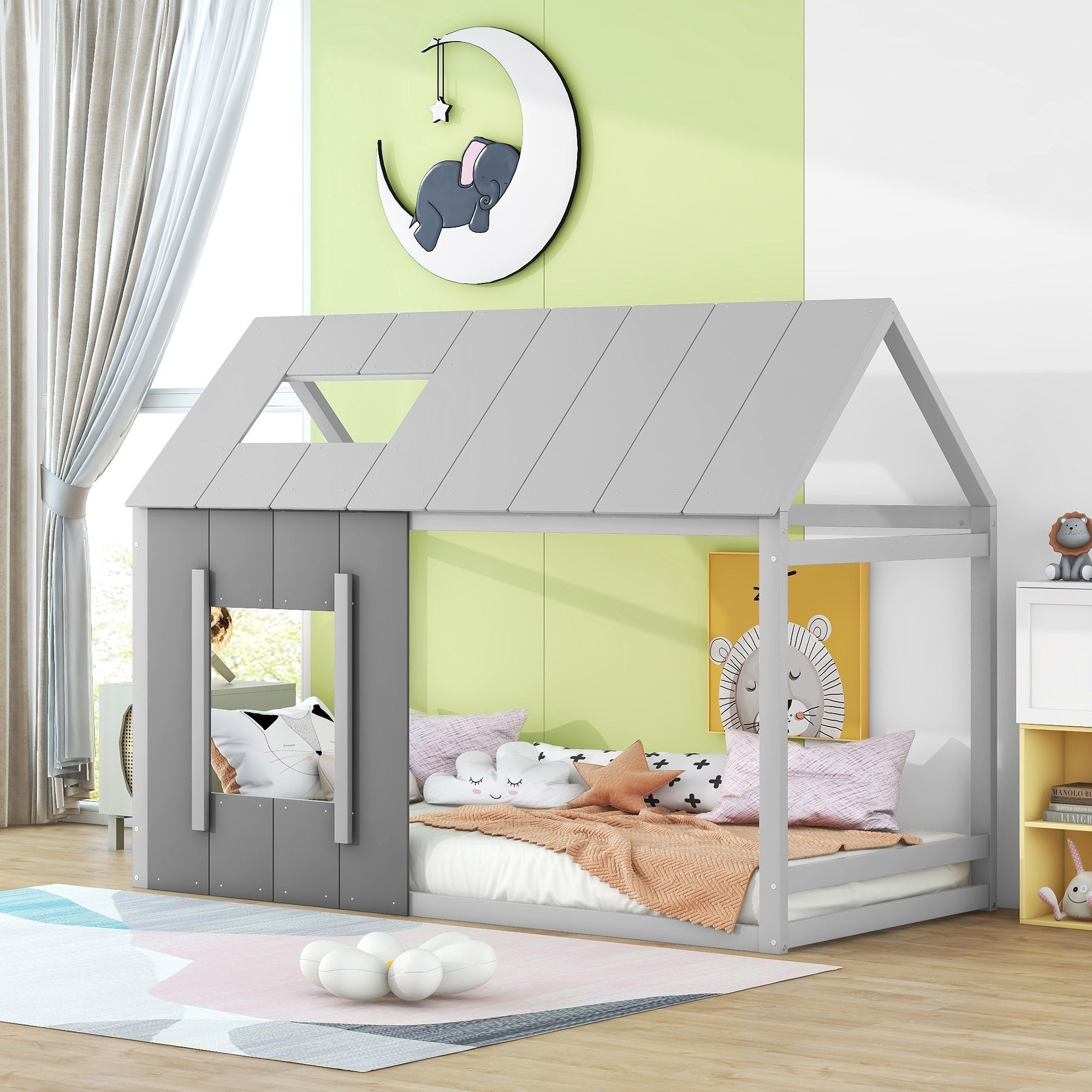 90 x 200 Children's Bed, House-Shaped with Roof and Window, Dark Grey and Light Grey