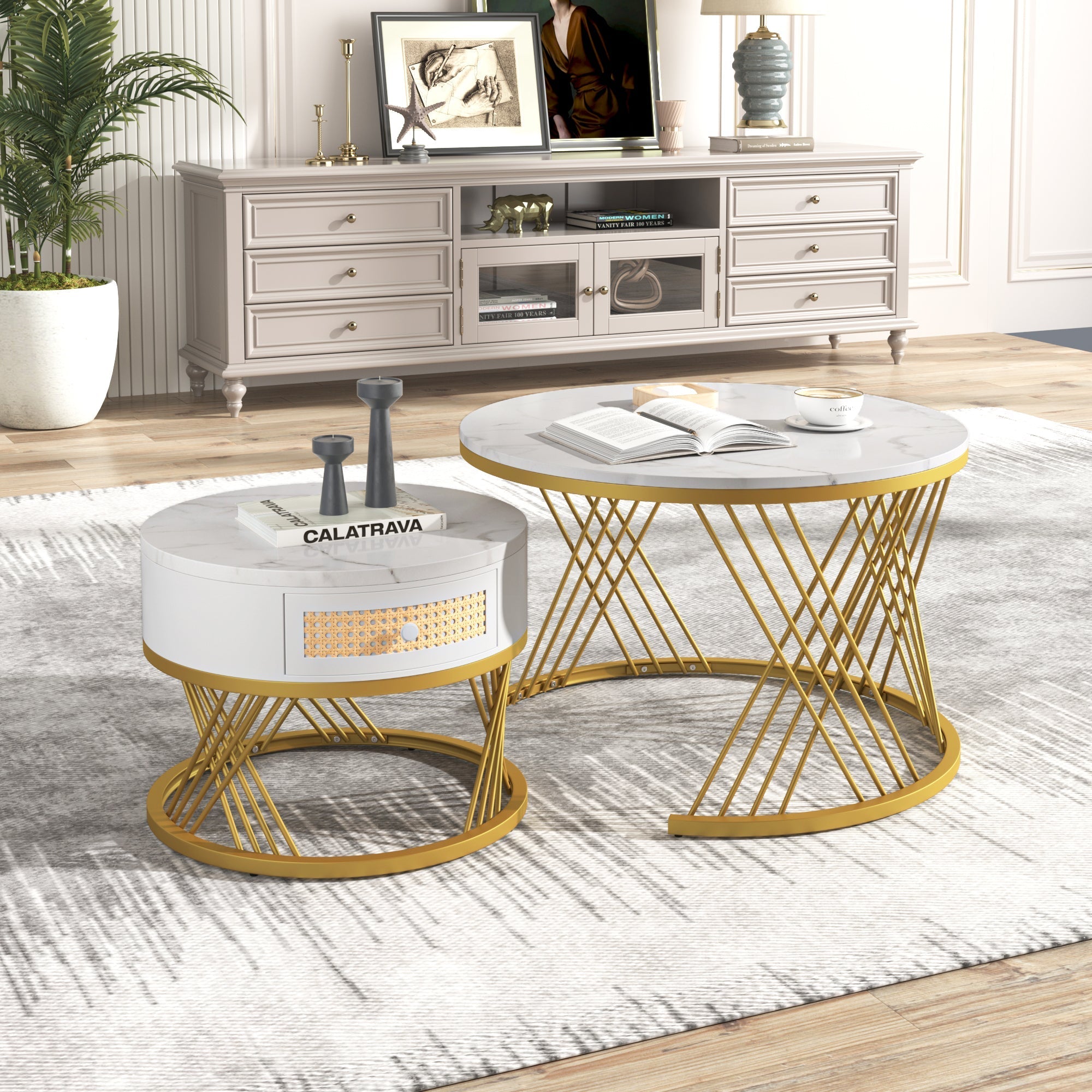 2-in-1 Round Coffee Table, Marble Top Rattan Drawers, MDF & Iron
