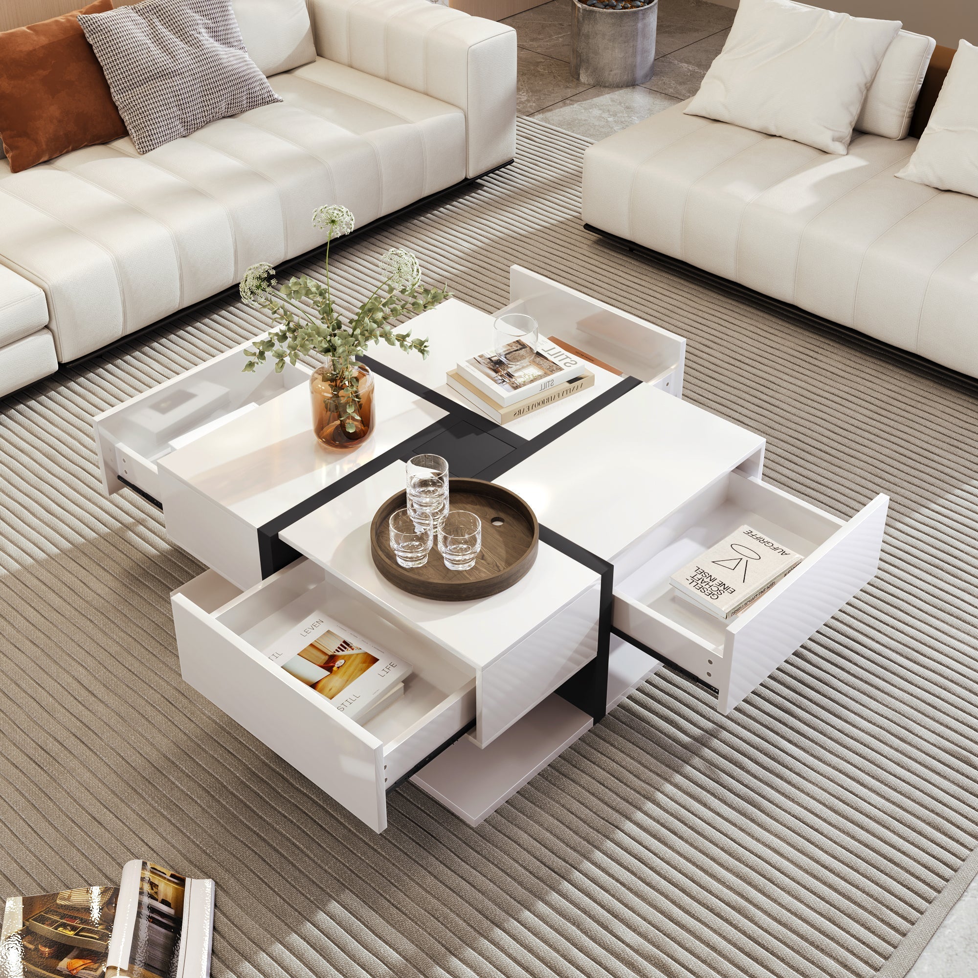 Coffee Table, 4-Drawer High-Gloss with Storage, White and Black