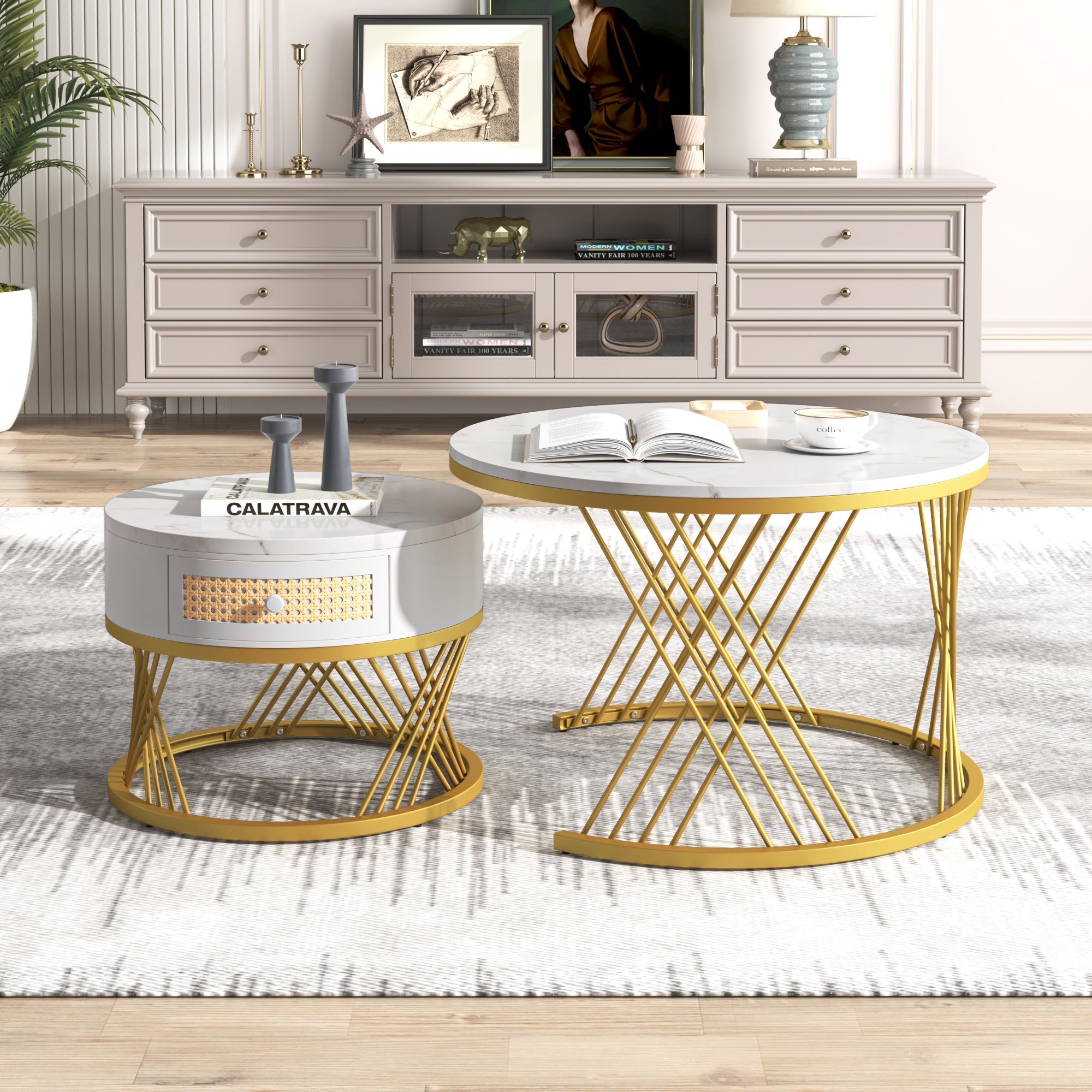 2-in-1 Round Coffee Table, Marble Top Rattan Drawers, MDF & Iron