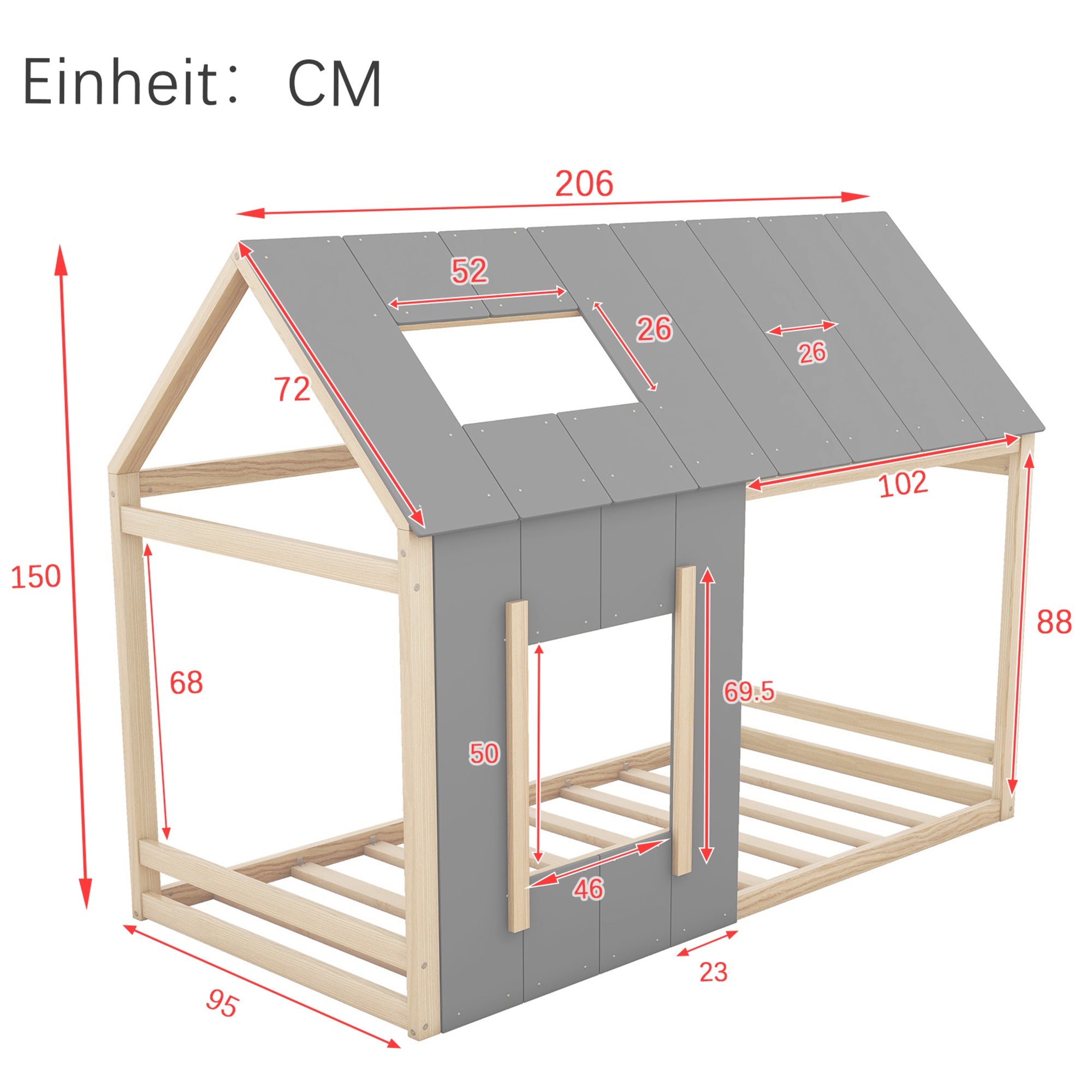 House Children's Bed 90x200cm with Roof and Window - Natural/Grey