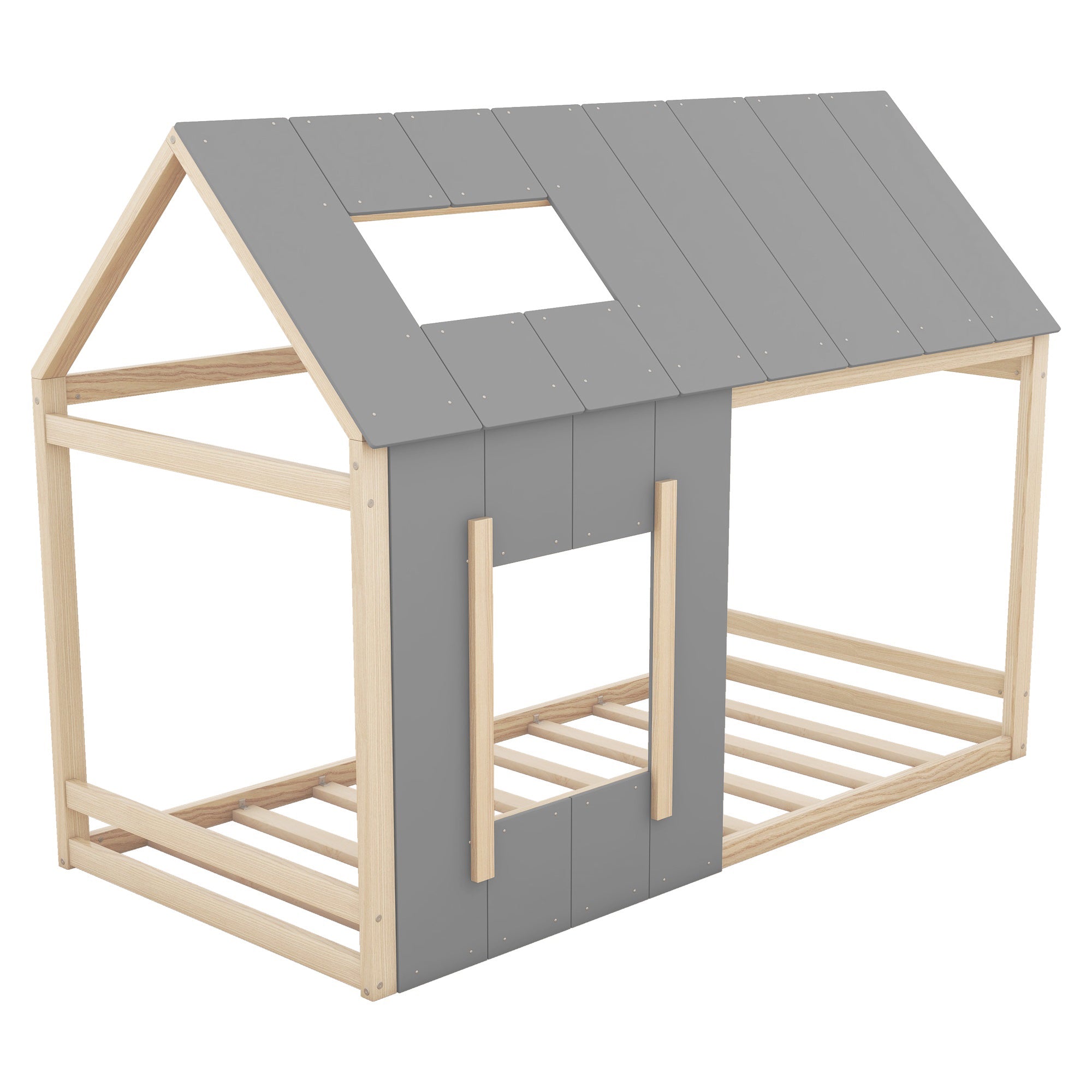 House Children's Bed 90x200cm with Roof and Window - Natural/Grey