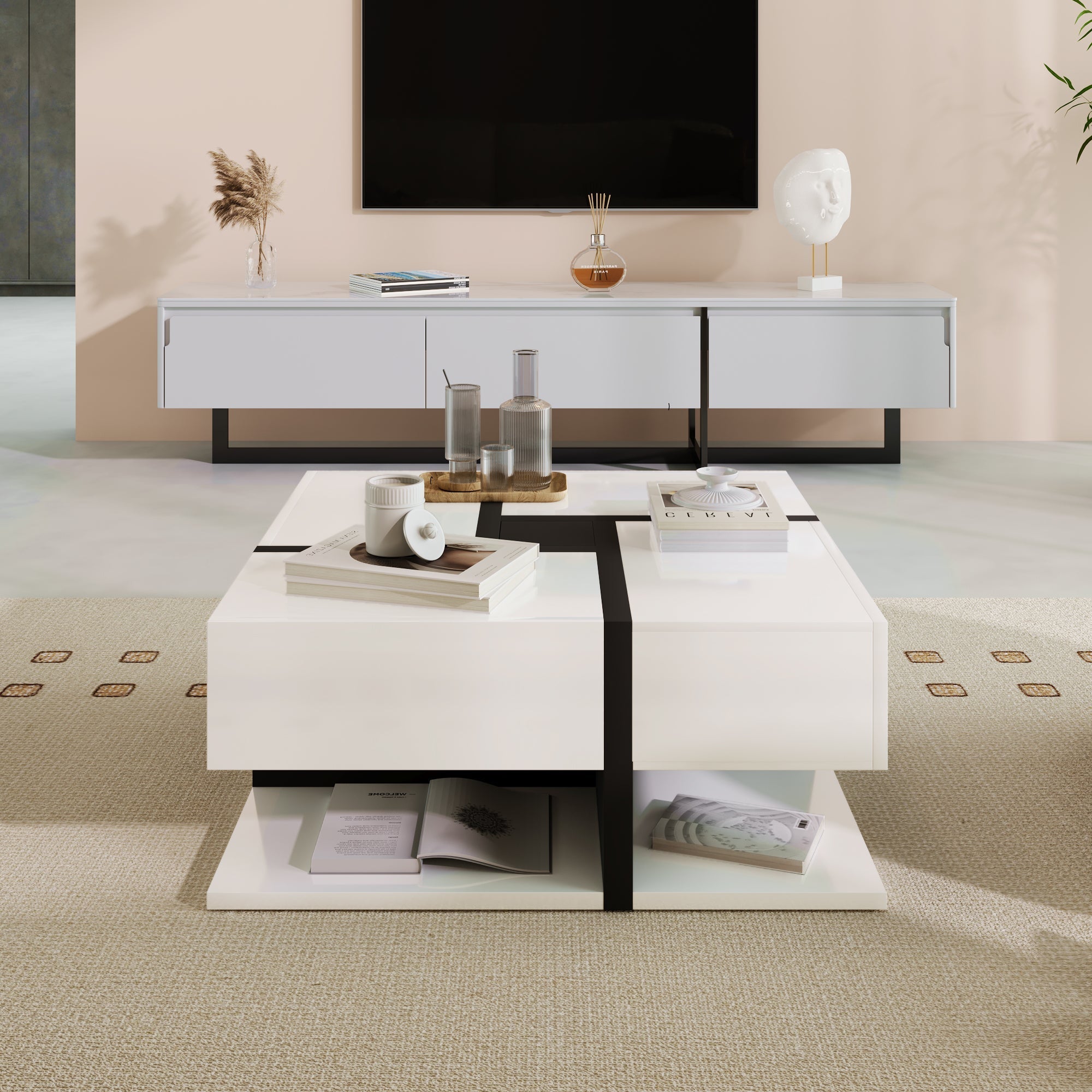 Coffee Table, High-Gloss with 4 Drawers, Linear Design